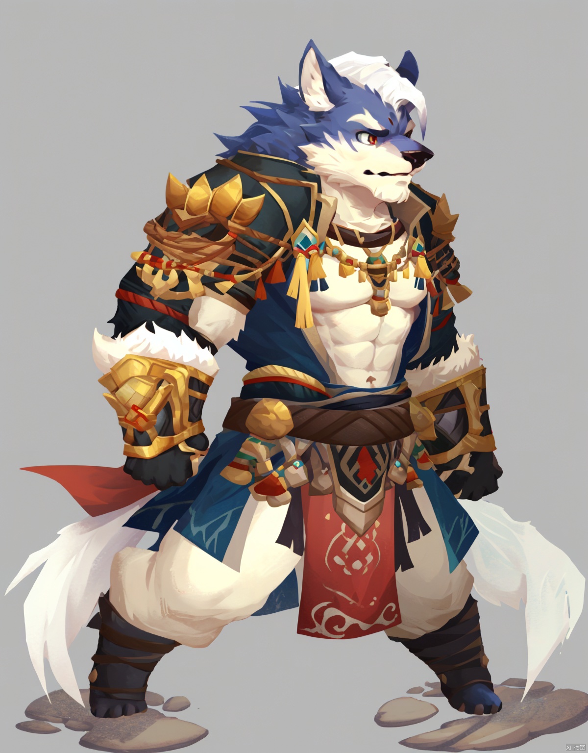 solo, looking at viewer, simple background, 1boy, animal ears, full body, white hair, male focus, water, muscular, glowing, abs, pectorals, muscular male, black background, bara, pelvic curtain, furry, fighting stance, furry male, white fur,sdorica