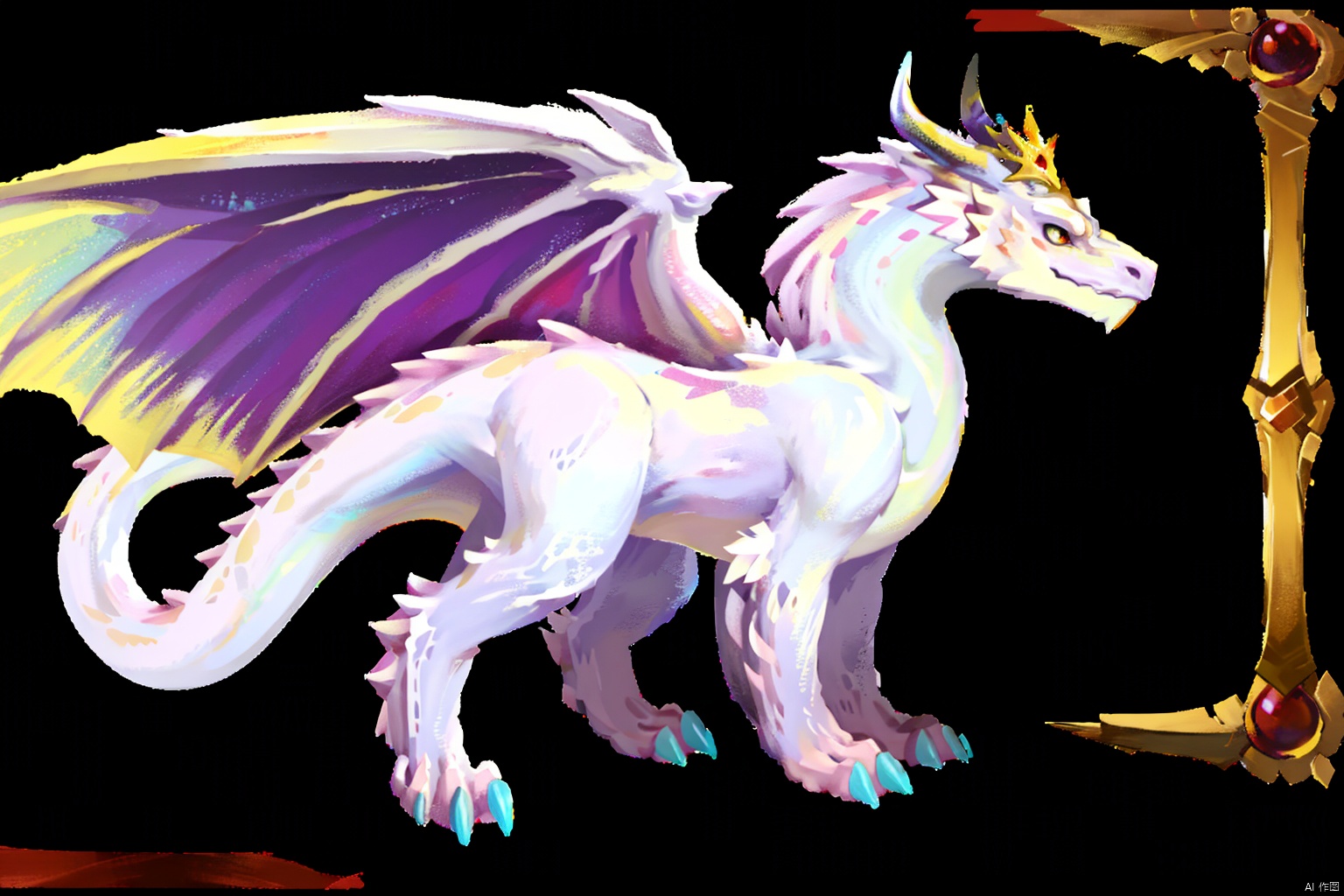 An eye-level painting of a white dragon with a red tail and wings. The dragon is facing towards the right side of the frame, its head turned towards the left side. Its wings are spread wide, and the dragon's head is adorned with a bright yellow crown. The background of the painting is a deep purple, and there are rays of light shining down from behind the dragon, creating a vibrant contrast to the white dragon.sdorica