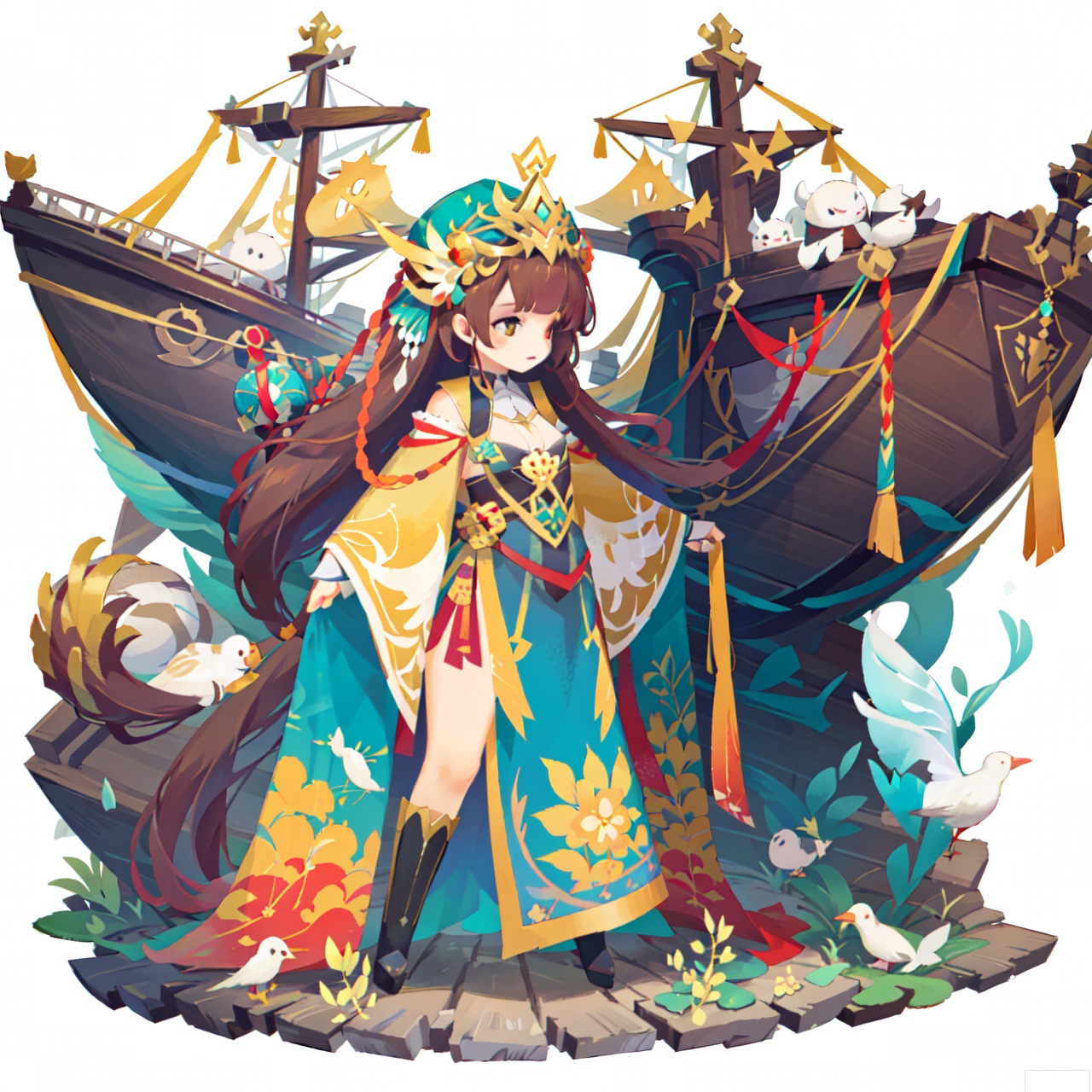 The image depicts a vibrant and detailed scene with two animated characters on a ship. The character in the foreground is wearing a detailed, fantasy-style outfit with intricate patterns and colors, including shades of brown, green, and orange. She has long, dark hair adorned with a headpiece that features a large, ornate design. Her expression is serene, and she appears to be gently reaching out with her right hand.

In the background, another character is visible, dressed in a similar fantasy-style outfit with a mix of blue, white, and red colors. This character has red hair and is standing near the ship's railing, looking towards the first character. The ship itself is a large vessel with wooden railings and ropes, and there are numerous white birds flying around, adding a sense of movement and freedom to the scene. The sky is bright, suggesting a clear day, and the overall atmosphere is one of adventure and exploration.sdorica,(simple background,white background:1.2)