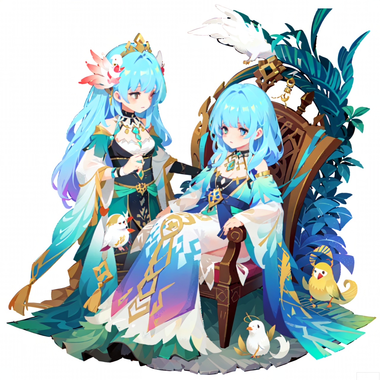 The image depicts a serene and mystical scene with a character sitting on a throne-like chair. The character has long, flowing hair with a gradient of colors, including pink, blue, and white. They are dressed in a traditional outfit with a white top, blue skirt, and intricate accessories, including a large pendant around their neck. The character is holding a small bird in one hand, which is also adorned with a delicate necklace. The background is dark with faint silhouettes of trees and clouds, creating a mystical and ethereal atmosphere. The character's expression is calm and composed, adding to the overall tranquil and otherworldly feel of the scene.sdorica,(simple background,white background:1.2)