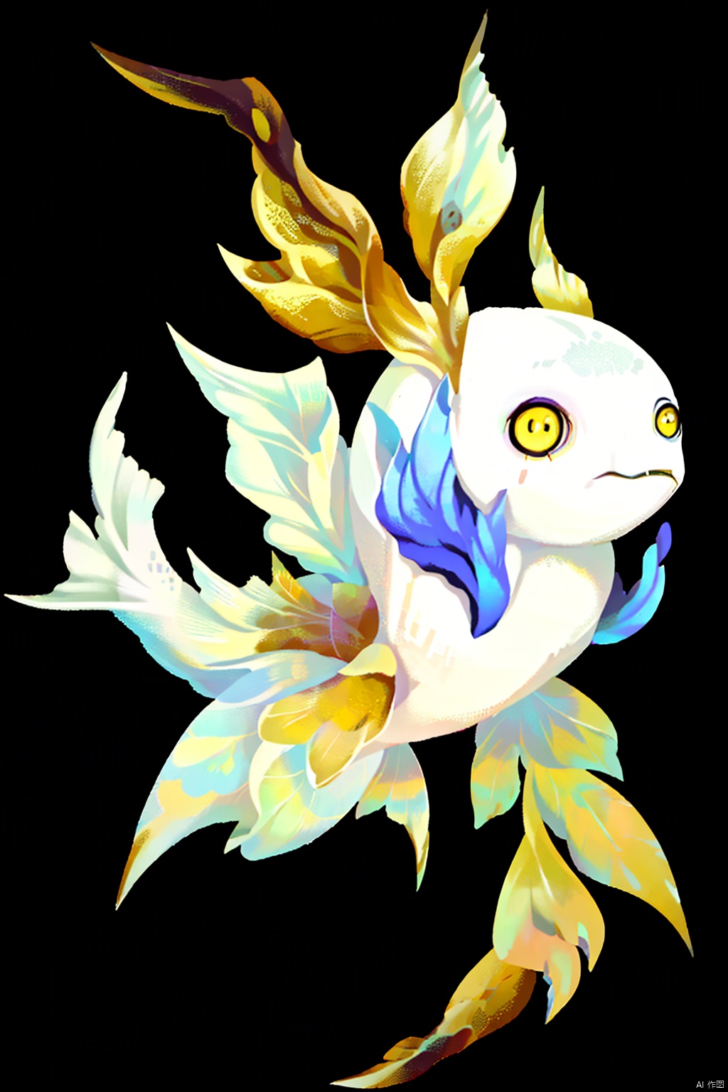 simple background,sdorica, yellow eyes, beast, no humans, four eyes,watermark, black background, Deep starry sky, fish in the universe, tentacles,star fish, fish,beast fish beast
