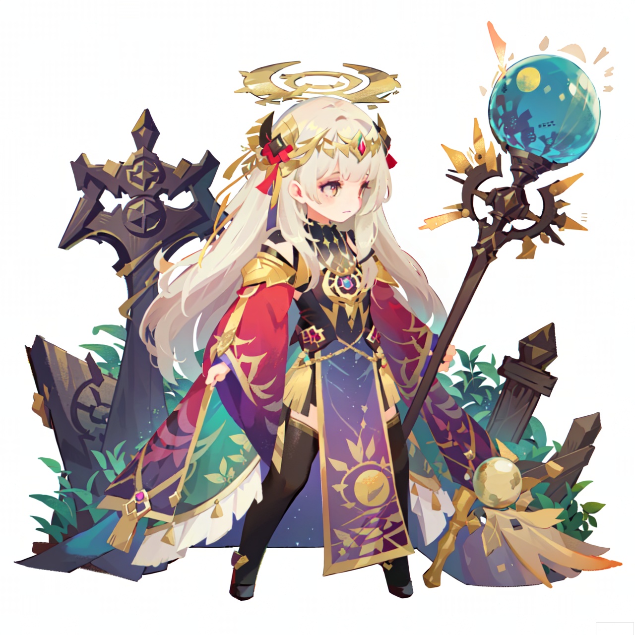 The image depicts a fantasy-themed scene with a central character, a female figure with long blonde hair and a regal appearance, dressed in a red and gold outfit adorned with intricate designs. She is standing in a dramatic, overcast environment, with a large, glowing sun or celestial object hovering above her head, emitting bright yellow-orange energy. The character is holding a staff or weapon, and there are sparks and particles surrounding her, suggesting magical or supernatural effects. In the background, there are blurred silhouettes of what appear to be gravestones or structures, indicating a cemetery or graveyard setting. The overall atmosphere is dark and mystical, with a focus on the character as the central figure.sdorica,(simple background,white background:1.2)
