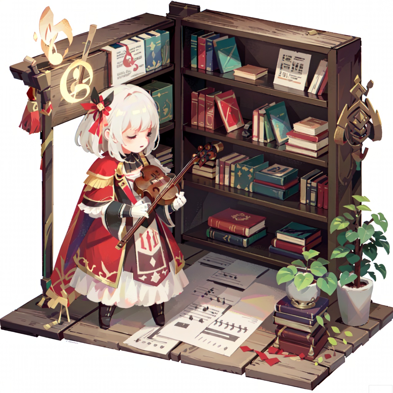 The image depicts a character playing a violin in a library-like setting. The character is dressed in a medieval-style outfit, including a cape and a metallic arm guard. The violin is held with both hands, and the music sheet stand with a musical note symbol is positioned to the right of the character. The background features bookshelves filled with books, and there are papers and musical notes scattered around, suggesting a dynamic and lively atmosphere. The lighting is warm, with a soft glow illuminating the scene.sdorica,(simple background,white background:1.2)