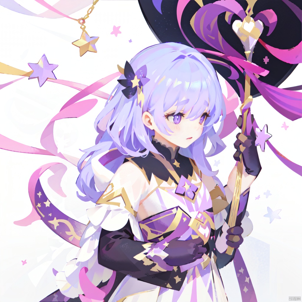a vibrant purple heart-shaped bookmark is adorned with white stars and swirls. The bookmark is positioned in front of a pink wall, adding a pop of color to the otherwise monochromatic scene. The background is a combination of black and white stripes, creating a striking contrast to the purple and gold object.sdorica,prop