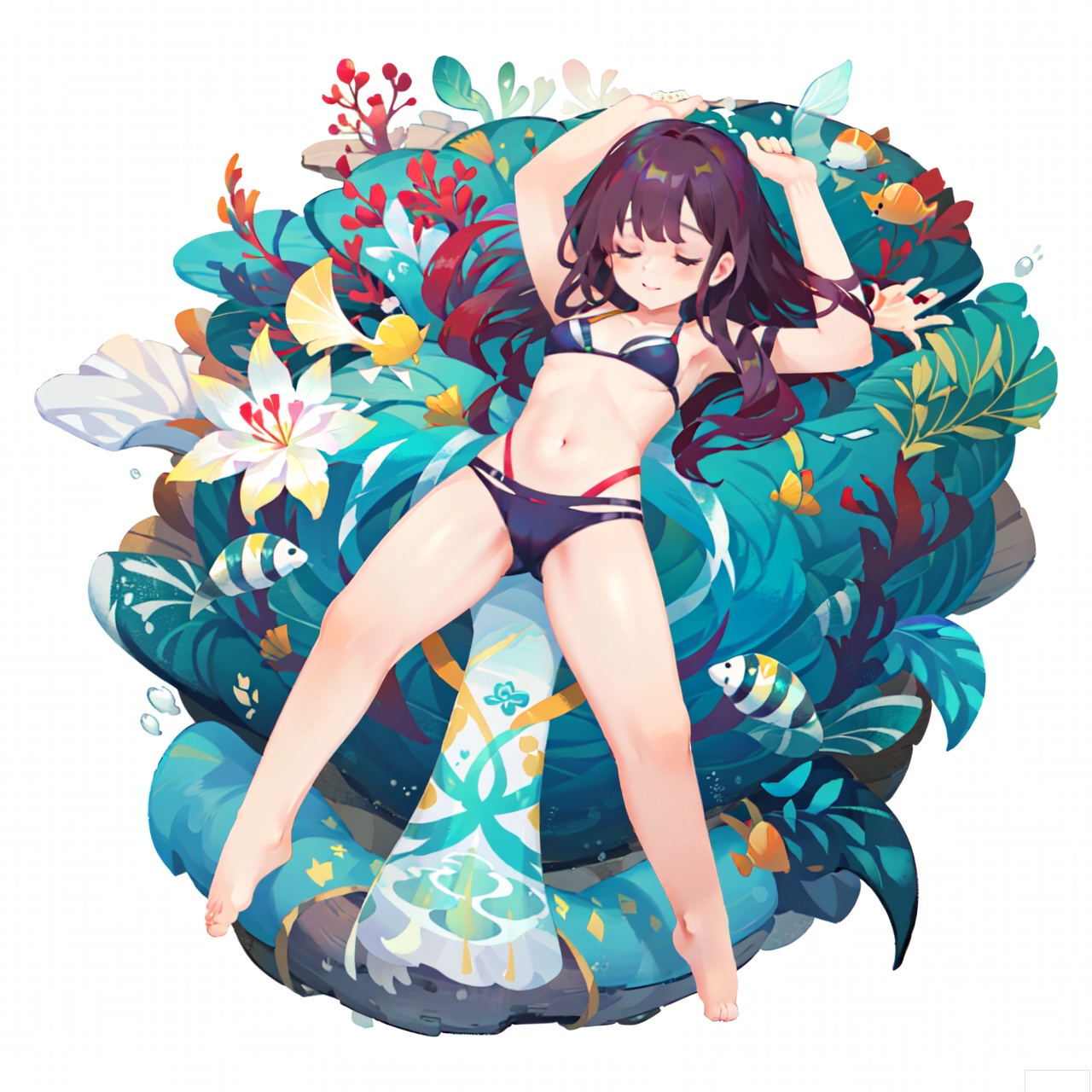 The image depicts a serene underwater scene with a woman lying on a surfboard. She is wearing a purple bikini and has short dark hair. The water around her is filled with vibrant pink and red flowers, and there are several yellow and white fish swimming around her. The background is a mix of blue and green hues, giving the impression of an underwater environment. The woman appears relaxed, with her arms spread out and her eyes closed, suggesting she is enjoying the peaceful moment.sdorica,(simple background,white background:1.2)