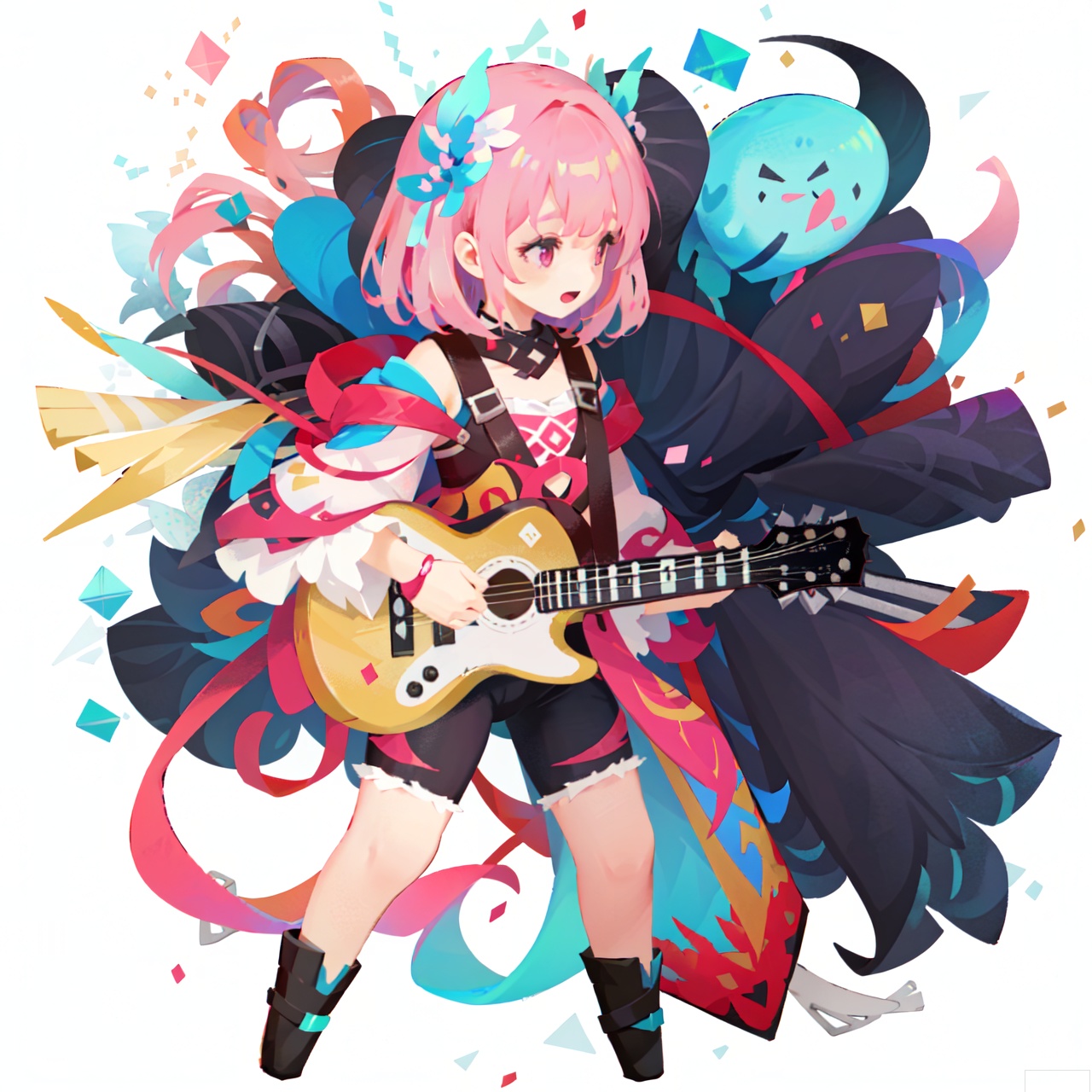The image depicts a vibrant and dynamic scene with a character holding a guitar. The character has short red hair and is wearing a dark outfit with light-colored accents. They are standing on a stage, surrounded by colorful confetti and abstract shapes. The guitar is prominently displayed, with a pink and black design. The background features a mix of geometric patterns and glowing elements, creating a lively and energetic atmosphere. The overall style is reminiscent of a digital artwork, possibly from a video game or anime.sdorica,(simple background,white background:1.2)