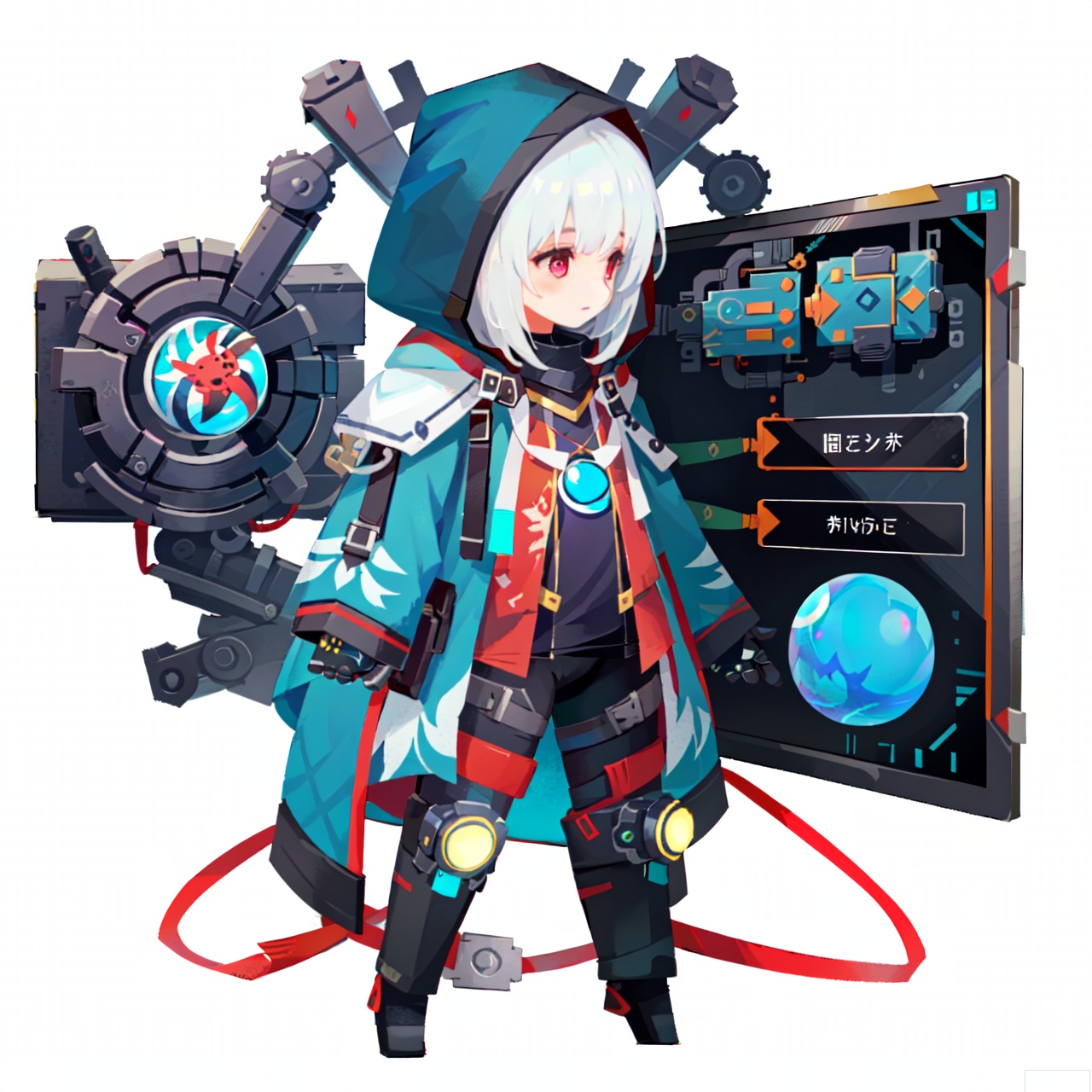 The image depicts a character with short white hair and red eyes, wearing a dark outfit with a hood. The character is standing in front of a futuristic, high-tech background that includes a large screen displaying various symbols and patterns. The character is holding a glowing blue orb in their right hand, which is emitting electric-like energy. The background features a mix of digital and mechanical elements, including screens and wires, suggesting a sci-fi or cyberpunk setting.sdorica,(simple background,white background:1.2)