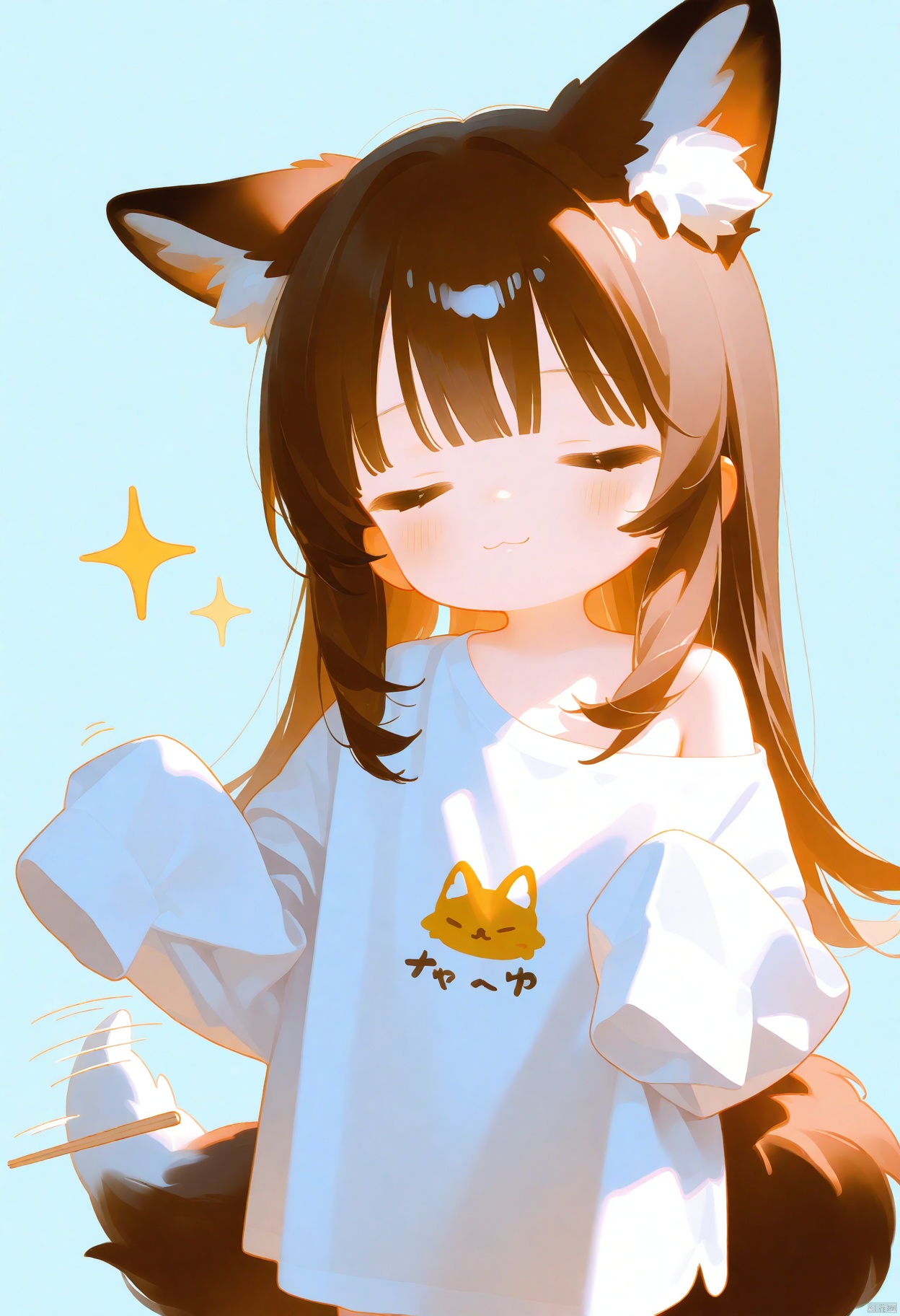 1girl, solo, long hair, blush, bangs, simple background, brown hair, shirt, long sleeves, animal ears, closed mouth, tail, closed eyes, white shirt, off shoulder, animal ear fluff, sleeves past wrists, fox ears, sparkle, :3, fox tail, blue background, fox girl, facing viewer, sleeves past fingers, = =, chopsticks, oversized clothes, afterimage, oversized shirt