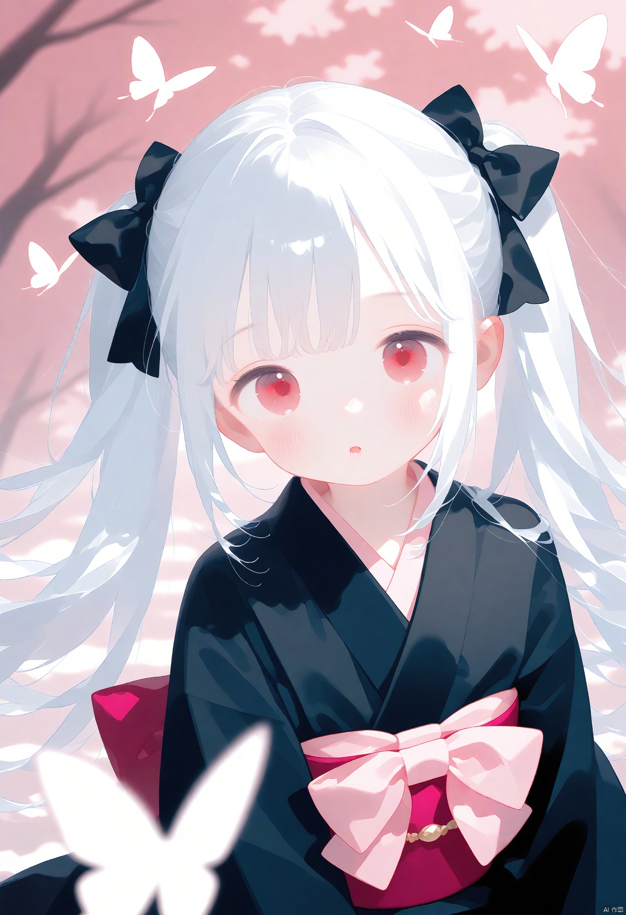 1girl, solo, long hair, looking at viewer, blush, bangs, red eyes, long sleeves, bow, twintails, very long hair, upper body, white hair, hair bow, parted lips, japanese clothes, kimono, blurry, :o, black dress, black bow, floating hair, depth of field, animal, bug, pink bow, butterfly, black kimono