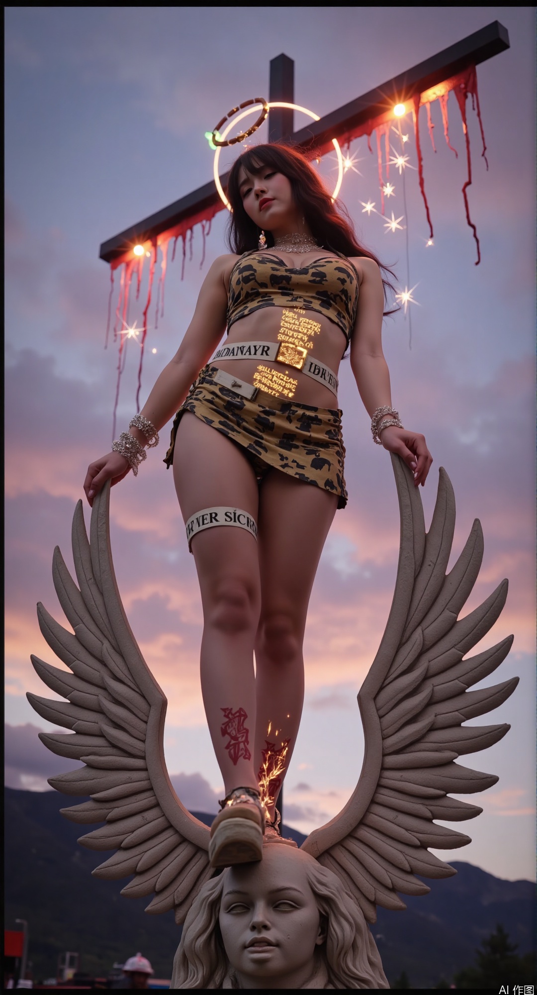 best quality, masterpiece, ultra high res, (photorealistic:1.4), raw photo, apocalyptic low angle, 18-year-old girl in shattered halo armor with bullet-casing garter belts ejecting spent cartridges, glowing scripture text tattoos on battle-torn stockings revealing bullet hole stigmata, standing on decapitated angel statue under inverted crucifix sky bleeding crimson light, LED shoes crushing broken wings emitting sparks from feather actuators