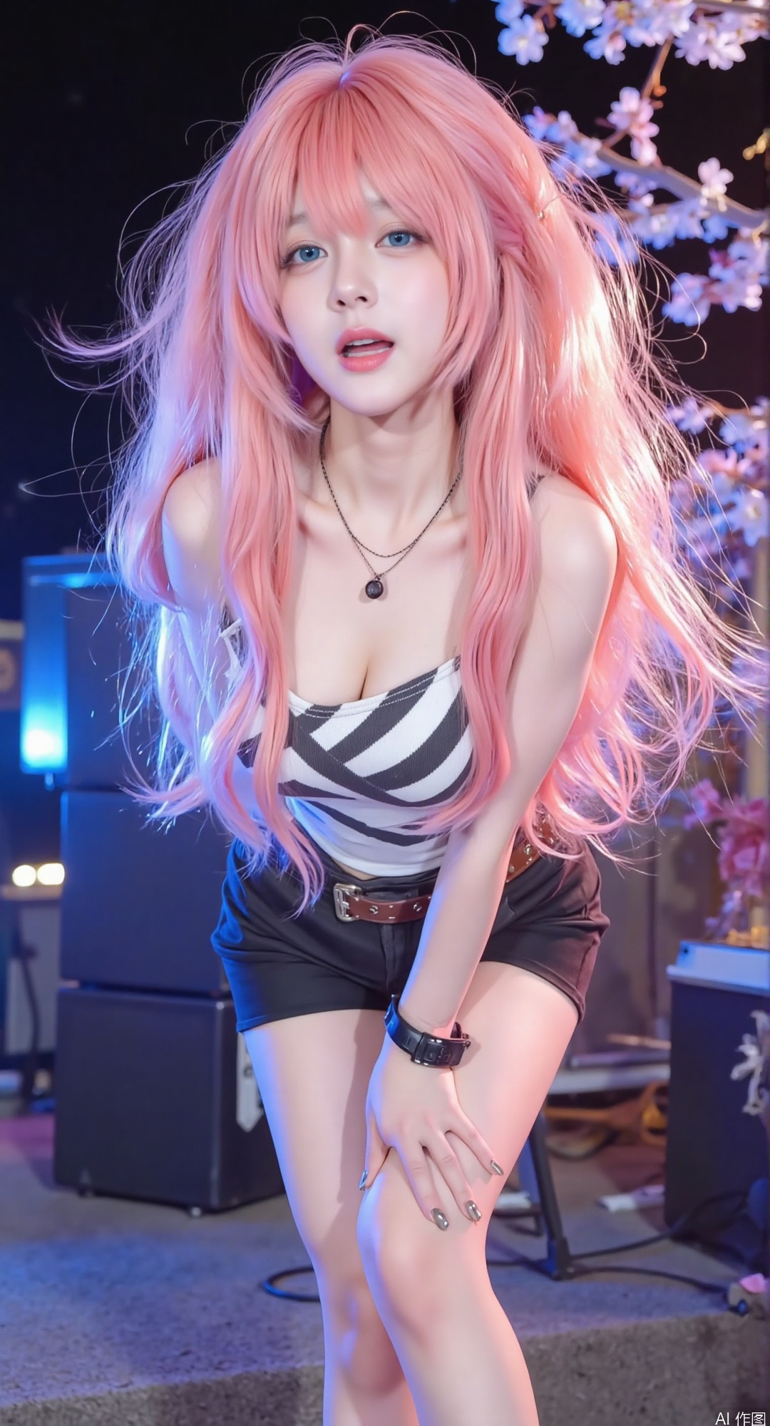 1girl,dappled sunlight,  dappled_sunlight, ((large breasts)),cleavage

tousled hair, long hair, (super long hair), sparkly pink hair, shiny hluffy hair, long floating hair, (super long hair), shiny pink hair, shiny hair, 1 girl, alone, long hair, blue eyes, (pink hair), pink hair, looking at the audience, smiling, make-up face prints, purple hair, colored hair, thighs, outdoors, full body ((masterpiece)), (((best quality))), ((ultra-detailed)), ((illustration)), A lot of waving glow sticks,Stage,Concert,(solo),1 girl,((singing)),headset,(leaning_forward:1.2),(arms_behind_back),((extremely_detailed_eyes_and_face)),colorful,Tokyo Dome,ray tracing,(disheveled hair),cherry_blossoms,petals,Flying notes