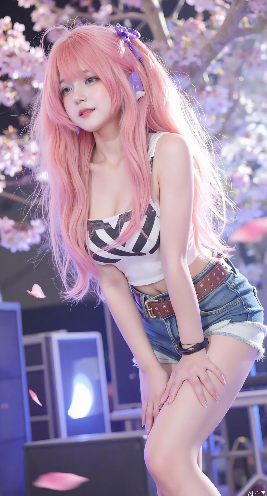 1girl,dappled sunlight,  dappled_sunlight, ((large breasts)),cleavage

tousled hair, long hair, (super long hair), sparkly pink hair, shiny hluffy hair, long floating hair, (super long hair), shiny pink hair, shiny hair, 1 girl, alone, long hair, blue eyes, (pink hair), pink hair, looking at the audience, smiling, make-up face prints, purple hair, colored hair, thighs, outdoors, full body ((masterpiece)), (((best quality))), ((ultra-detailed)), ((illustration)), A lot of waving glow sticks,Stage,Concert,(solo),1 girl,((singing)),headset,(leaning_forward:1.2),(arms_behind_back),((extremely_detailed_eyes_and_face)),colorful,Tokyo Dome,ray tracing,(disheveled hair),cherry_blossoms,petals,Flying notes