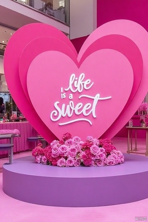 Valentine's Day Design,a vibrant pink heart-shaped display stands atop a purple pedestal. The pedestal is adorned with pink flowers,adding a pop of color to the scene. The backdrop is a vibrant shade of pink,creating a striking contrast against the backdrop of the display. The display features the words " life is a sweet" in a cursive font. The word "advent" is written in a larger font than the rest of the text. A person in a black jacket and black pants can be seen in the upper left corner of the frame.
