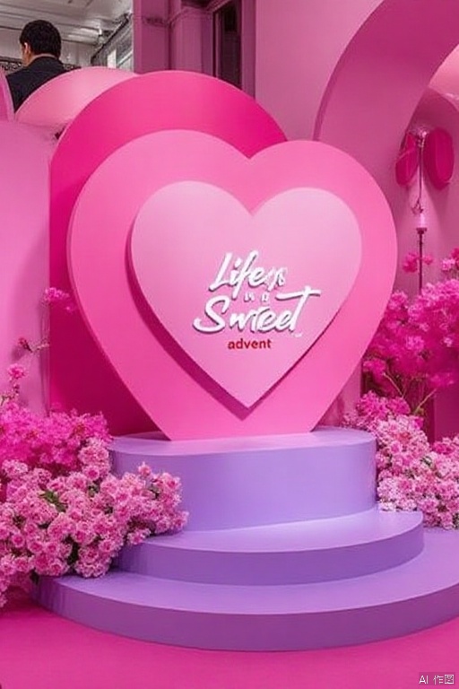 Valentine's Day Design,a vibrant pink heart-shaped display stands atop a purple pedestal. The pedestal is adorned with pink flowers,adding a pop of color to the scene. The backdrop is a vibrant shade of pink,creating a striking contrast against the backdrop of the display. The display features the words " life is a sweet" in a cursive font. The word "advent" is written in a larger font than the rest of the text. A person in a black jacket and black pants can be seen in the upper left corner of the frame.
