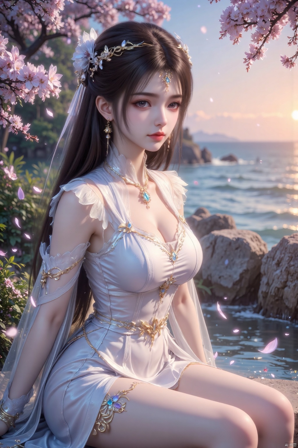 Oshino Shinobu from Gown,cute girl,wearing white gothic-style gown.strong sense of light,high contrast light,shining details,wide scene,digital painting,dreamy mood,ethereal,fantasy art style,fantasy concept art,high contrast,ultra-detailed,charming anime-inspired,with slight lighting,and tree surrounded blossom by,sitting under the flowers,the Dundar light from above,digital art,illustration,charming,ethereal,mysterious,fantasy,ethereal,elegant,airy,magical,surreal,dreamy,strong sense of light,outdoors,beside the coast,sea in background,floating dress in the gentle breeze,from side,her head turn back towards viewer