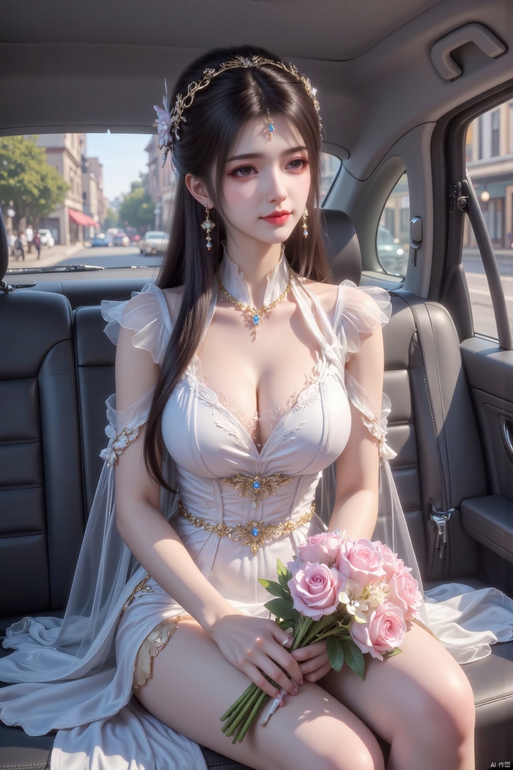 Masterpiece, best quality, high quality, lolita, overexposed, color difference, light, fair skin,A girl, (((small chest))), (slim figure: 1.4), (((thin legs))), (petite: 1.4), (refined and gentle: 1.4)
Masterpiece, top quality, high quality, (color), small chest, (black hair: 1.4), (long legs: 1.4),The image shows a young woman sitting in the back seat of a car She is wearing a white wedding dress with a strapless bodice and a full skirt She has a tiara on her head and is holding a bouquet of pink roses in her hands The woman has long dark hair styled in loose waves and is looking off to the side with a slight smile on her face The background shows a city street with buildings and trees.