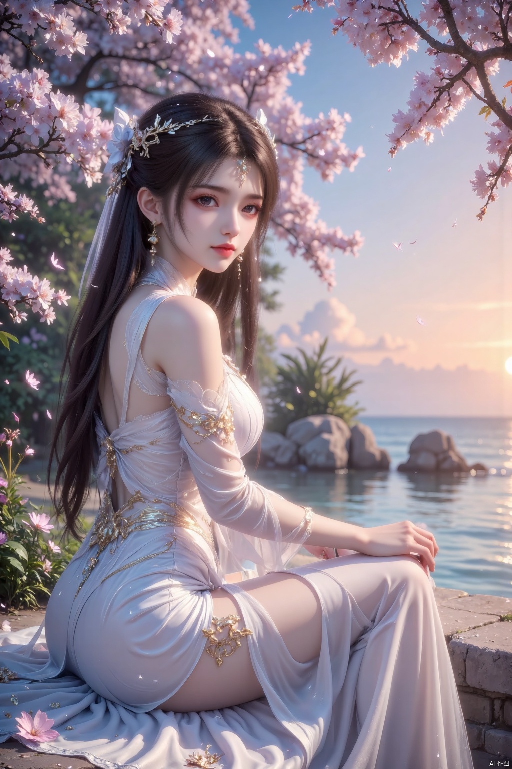 Oshino Shinobu from Gown,cute girl,wearing white gothic-style gown.strong sense of light,high contrast light,shining details,wide scene,digital painting,dreamy mood,ethereal,fantasy art style,fantasy concept art,high contrast,ultra-detailed,charming anime-inspired,with slight lighting,and tree surrounded blossom by,sitting under the flowers,the Dundar light from above,digital art,illustration,charming,ethereal,mysterious,fantasy,ethereal,elegant,airy,magical,surreal,dreamy,strong sense of light,outdoors,beside the coast,sea in background,floating dress in the gentle breeze,from side,her head turn back towards viewer