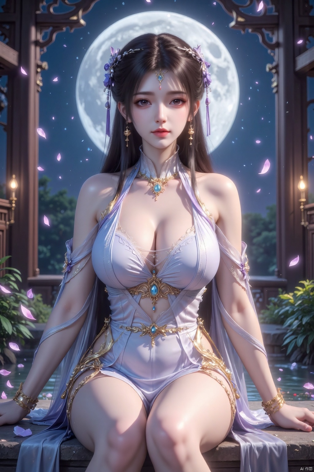 masterpiece,best quality,amazing quality,very aesthetic,absurdres,newest,
真人肌肤纹理, 4K画质,完美身材, ,1girl,long legs,navel,looking_at_viewer ,
, fair skin, , white hanging neck tube top top, white shorts, gold bracelets, purple ribbons, , petals and reflection on the water, the background is huge round moon, starry sky, petals fall, ancient wind building, ancient wind building Outline, beautiful, fantasy, fairy -style style.argyle legwear,star \(symbol\),