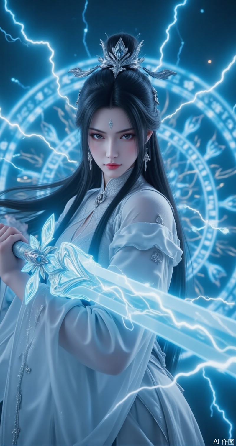 luxueqi,lvjing,This description paints a highly visually striking and mysterious scene. The beautiful woman,dressed in a white Hanfu,appears elegant and classical,with her long black hair flowing in the wind,adding a touch of softness and strength. The mark on her forehead may symbolize some kind of mystical power,while her gray eyes reveal calmness and depth., In her right hand,she holds a gleaming sword,its blade entwined with dense currents of electricity,indicating that the sword contains formidable thunderous power. Her left hand forms a sword finger resting on the blade,as if guiding or controlling this force. Her posture is both graceful and powerful,resembling a goddess who commands lightning., The intricate glowing magical arrays behind her further enhance the mystique and majesty of the scene. These arrays may represent some kind of powerful spell or barrier,with transparent energy swords flying out from them,symbolizing infinite power and aggression. The entire image is filled with dynamism and tension,as if she is ready to engage in a fierce battle at any moment, cover,simple background,gradient_background,Close-up details,outstanding style,adding a touch of dimension to your images without compromising details,close-up,lvjing
