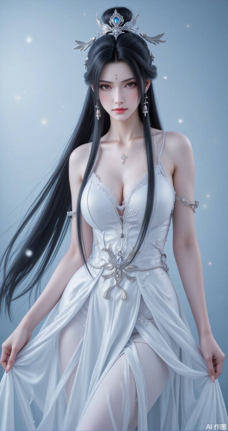 black hair,brown eyes,fair_skin,long hair,hair_bun,jewelry,hair_ornament,forehead_mark,luxueqi,lvjing,1girl,breasts,jewelry,long hair,dress,earrings,solo,white dress,large breasts,looking at viewer,bare shoulders,closed mouth,collarbone,cleavage,sleeveless,cowboy shot,plunging neckline,sleeveless dress,lips,bare arms,sideboob,skirt hold,forehead,very long hair,parted bangs,bangs,cover,simple background,gradient_background,Close-up details,outstanding style,adding a touch of dimension to your images without compromising details,close-up,
