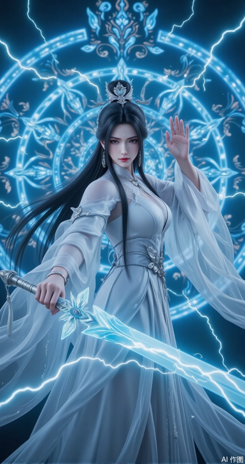 luxueqi,lvjing,This description paints a highly visually striking and mysterious scene. The beautiful woman,dressed in a white Hanfu,appears elegant and classical,with her long black hair flowing in the wind,adding a touch of softness and strength. The mark on her forehead may symbolize some kind of mystical power,while her gray eyes reveal calmness and depth., In her right hand,she holds a gleaming sword,its blade entwined with dense currents of electricity,indicating that the sword contains formidable thunderous power. Her left hand forms a sword finger resting on the blade,as if guiding or controlling this force. Her posture is both graceful and powerful,resembling a goddess who commands lightning., The intricate glowing magical arrays behind her further enhance the mystique and majesty of the scene. These arrays may represent some kind of powerful spell or barrier,with transparent energy swords flying out from them,symbolizing infinite power and aggression. The entire image is filled with dynamism and tension,as if she is ready to engage in a fierce battle at any moment, cover,simple background,gradient_background,Close-up details,outstanding style,adding a touch of dimension to your images without compromising details,close-up,lvjing

