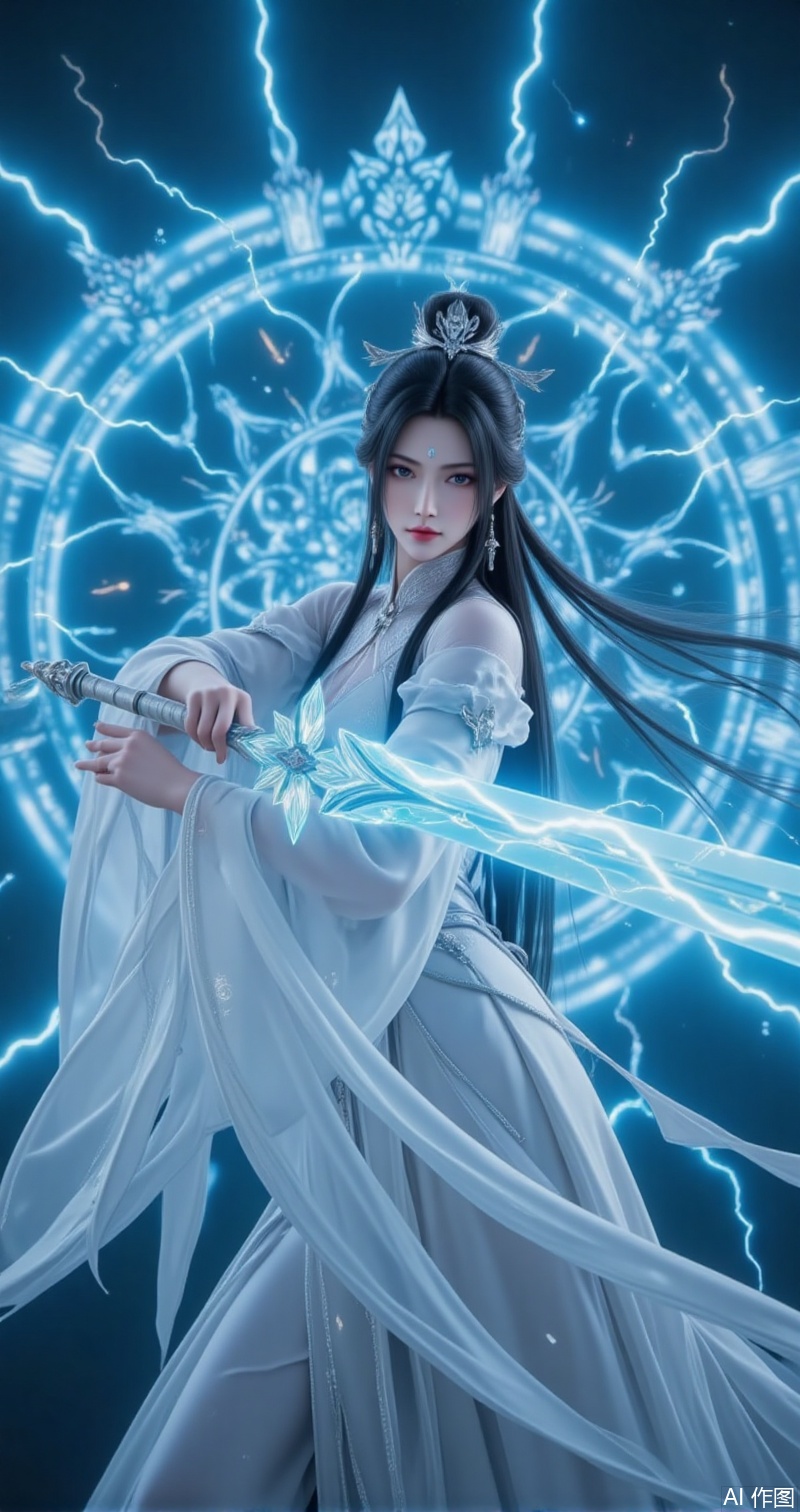 luxueqi,lvjing,This description paints a highly visually striking and mysterious scene. The beautiful woman,dressed in a white Hanfu,appears elegant and classical,with her long black hair flowing in the wind,adding a touch of softness and strength. The mark on her forehead may symbolize some kind of mystical power,while her gray eyes reveal calmness and depth., In her right hand,she holds a gleaming sword,its blade entwined with dense currents of electricity,indicating that the sword contains formidable thunderous power. Her left hand forms a sword finger resting on the blade,as if guiding or controlling this force. Her posture is both graceful and powerful,resembling a goddess who commands lightning., The intricate glowing magical arrays behind her further enhance the mystique and majesty of the scene. These arrays may represent some kind of powerful spell or barrier,with transparent energy swords flying out from them,symbolizing infinite power and aggression. The entire image is filled with dynamism and tension,as if she is ready to engage in a fierce battle at any moment, cover,simple background,gradient_background,Close-up details,outstanding style,adding a touch of dimension to your images without compromising details,close-up,lvjing
