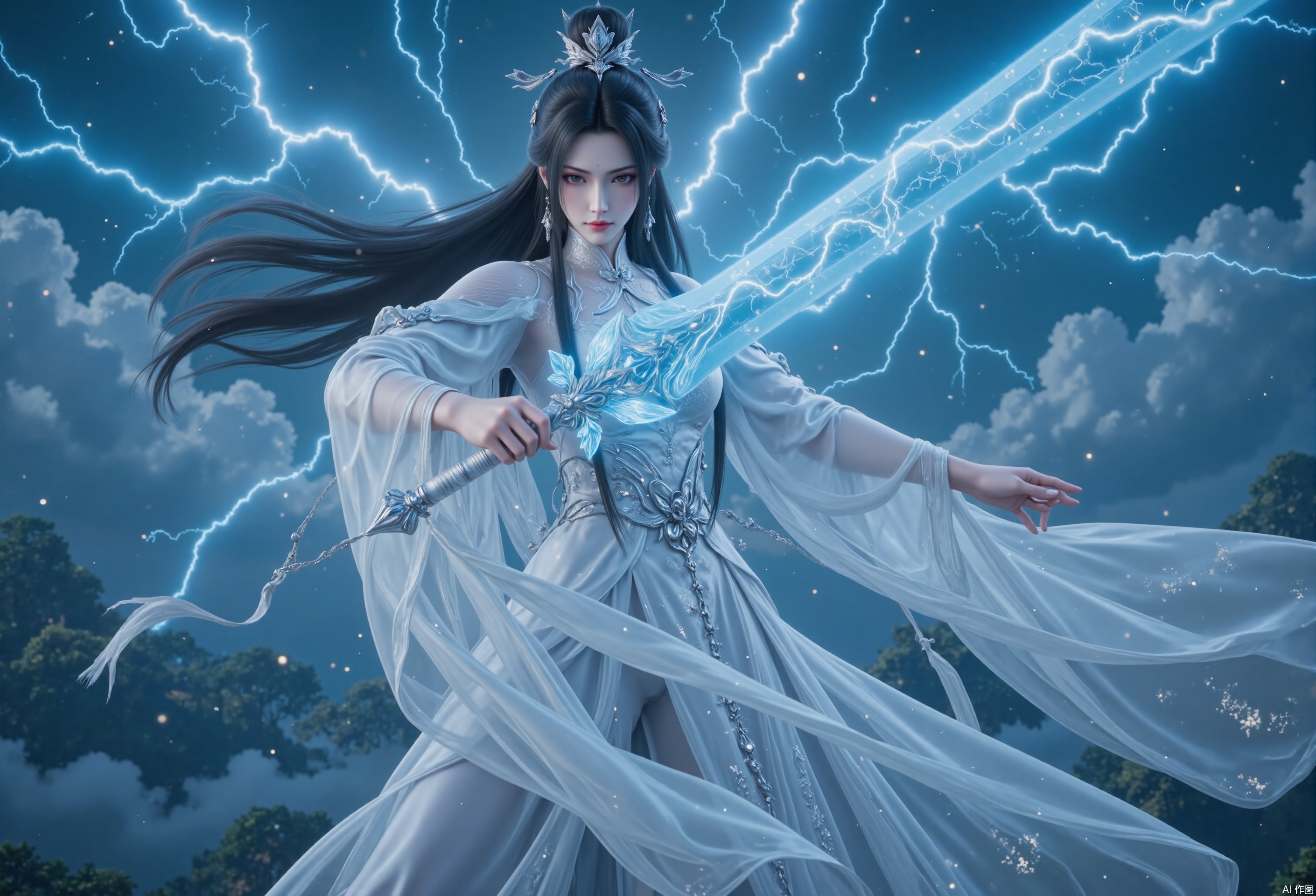 lvjing,luxueqi,lu xueqi of zhu xian,the white chinese dress is immortal,black shiny hair fluttering in the wind,she floats in the thunder and lightning sky,she holds this long,glowing sword,chopping to the sky,thick clouds are cleaved

