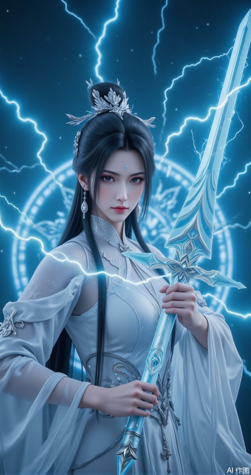 luxueqi,lvjing,luxueqi, 1girl, weapon, sword, black hair, solo, jewelry, earrings, long hair, white dress, forehead mark, hair ornament, dress, holding, holding weapon, holding sword, hair bun, facial mark, upper body, lightning, chinese clothes, looking at viewer, long sleeves, closed mouth, glowing weapon, cover,simple background,gradient_background,Close-up details,outstanding style,adding a touch of dimension to your images without compromising details,close-up,lvjing
