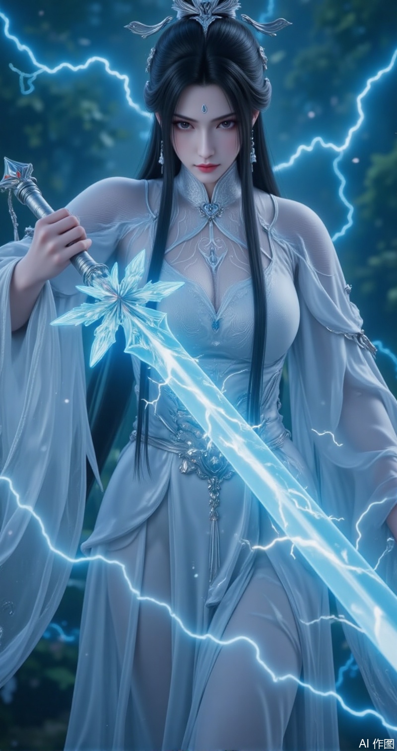 luxueqi,lvjing,luxueqi, 1girl, weapon, sword, black hair, solo, jewelry, earrings, long hair, white dress, forehead mark, hair ornament, dress, holding, holding weapon, holding sword, hair bun, facial mark, upper body, lightning, chinese clothes, looking at viewer, long sleeves, closed mouth, glowing weapon, 