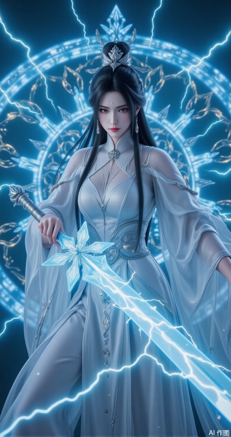 luxueqi,lvjing,This description paints a highly visually striking and mysterious scene. The beautiful woman,dressed in a white Hanfu,appears elegant and classical,with her long black hair flowing in the wind,adding a touch of softness and strength. The mark on her forehead may symbolize some kind of mystical power,while her gray eyes reveal calmness and depth., In her right hand,she holds a gleaming sword,its blade entwined with dense currents of electricity,indicating that the sword contains formidable thunderous power. Her left hand forms a sword finger resting on the blade,as if guiding or controlling this force. Her posture is both graceful and powerful,resembling a goddess who commands lightning., The intricate glowing magical arrays behind her further enhance the mystique and majesty of the scene. These arrays may represent some kind of powerful spell or barrier,with transparent energy swords flying out from them,symbolizing infinite power and aggression. The entire image is filled with dynamism and tension,as if she is ready to engage in a fierce battle at any moment, cover,simple background,gradient_background,Close-up details,outstanding style,adding a touch of dimension to your images without compromising details,close-up,lvjing
