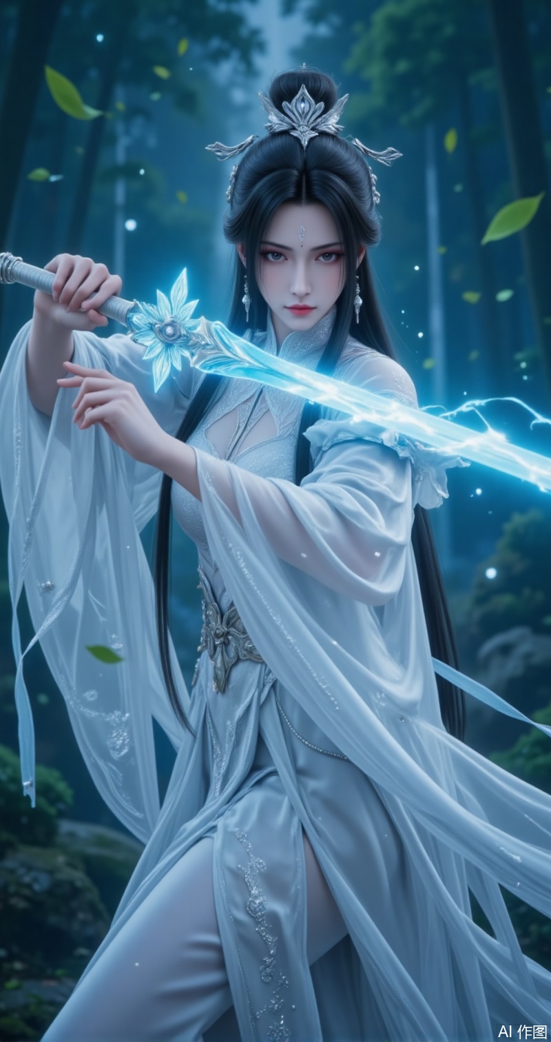 black hair,brown eyes,fair_skin,long hair,hair_bun,jewelry,hair_ornament,forehead_mark,an antique beauty in a white dress,makeup is very but very delicate,senntakuya,white hanfu,black hair,holding a glowing sword in his right hand,make the move of swinging a sword,the sword is long and thin,eyebrows with imprint,long hair,some serious expression,delicate high heels,his clothes and hair were blowing in the wind,the background is a waterfall in the night sky,with a lot of leaves and lace flying in the air,cover,simple background,gradient_background,Close-up details,outstanding style,adding a touch of dimension to your images without compromising details,close-up,lvjing
