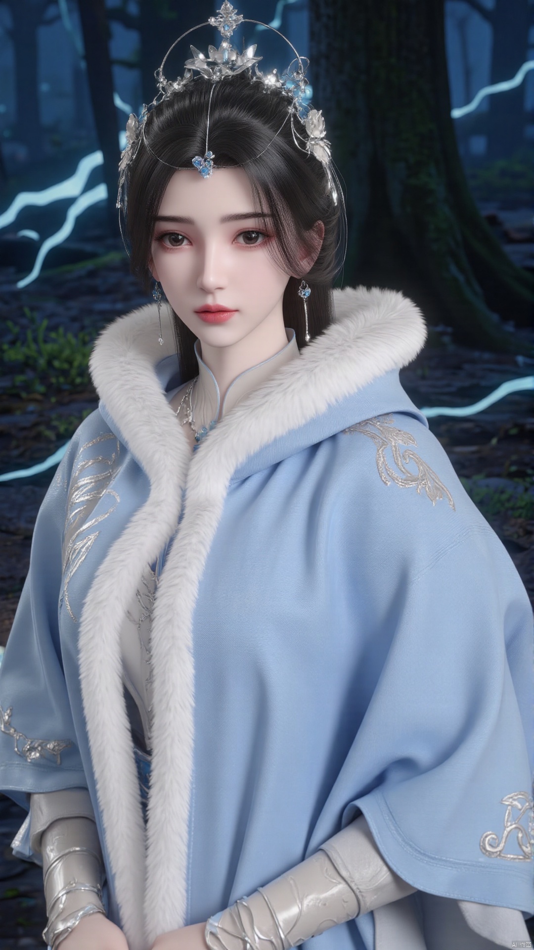 limuwan, of a young Asian woman with a serene expression. The image is a highly detailed CGI rendering, showcasing a delicate and elegant scene. The subject is a woman with fair skin, large, expressive brown eyes, and a refined facial structure. Her long, dark hair is styled in an intricate updo adorned with delicate, silver floral hairpins and a small, silver crown. She wears a traditional, high-collared robe with intricate, embroidered patterns in a light blue color, complemented by a fluffy white fur trim. The robe's texture appears luxurious and soft, with a subtle sheen. The background features a dark, mystical forest with ethereal, blue light emanating from the trees, creating an otherworldly atmosphere. The lighting is soft and diffused, highlighting the subject's delicate features and the intricate details of her attire. The overall composition is harmonious, blending the serene beauty of the subject with the mystical ambiance of the forest, creating a surreal and enchanting visual experience.