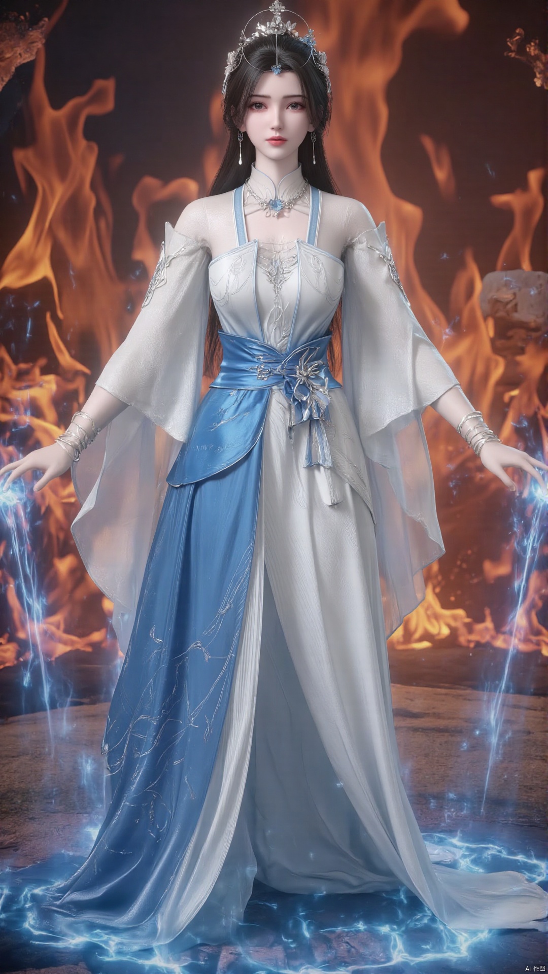 limuwan, . This is a highly detailed digital illustration featuring a female character standing against a vivid, ethereal background of swirling flames and blue mist. The character has long, dark hair adorned with a delicate, golden tiara, and her skin is fair, with a subtle blush on her cheeks. She wears a flowing, white gown with intricate, blue embroidery and a sash that transitions from a light blue at the top to a darker shade at the bottom. The gown is intricately designed, featuring long, flowing sleeves and a high collar that adds a regal touch. 
Her expression is calm yet slightly enigmatic, with her eyes focused forward. The character's posture is elegant, with her arms at her sides and hands slightly open. The background consists of a mix of orange and red flames, creating a dynamic and intense contrast with the cool, blue mist that seems to emanate from her. The flames are depicted with a realistic texture, while the mist appears translucent and ethereal, adding a magical quality to the scene. The overall composition is rich and vivid, with a blend of fantasy and realism, and the use of light and color creates a mesmerizing visual effect.