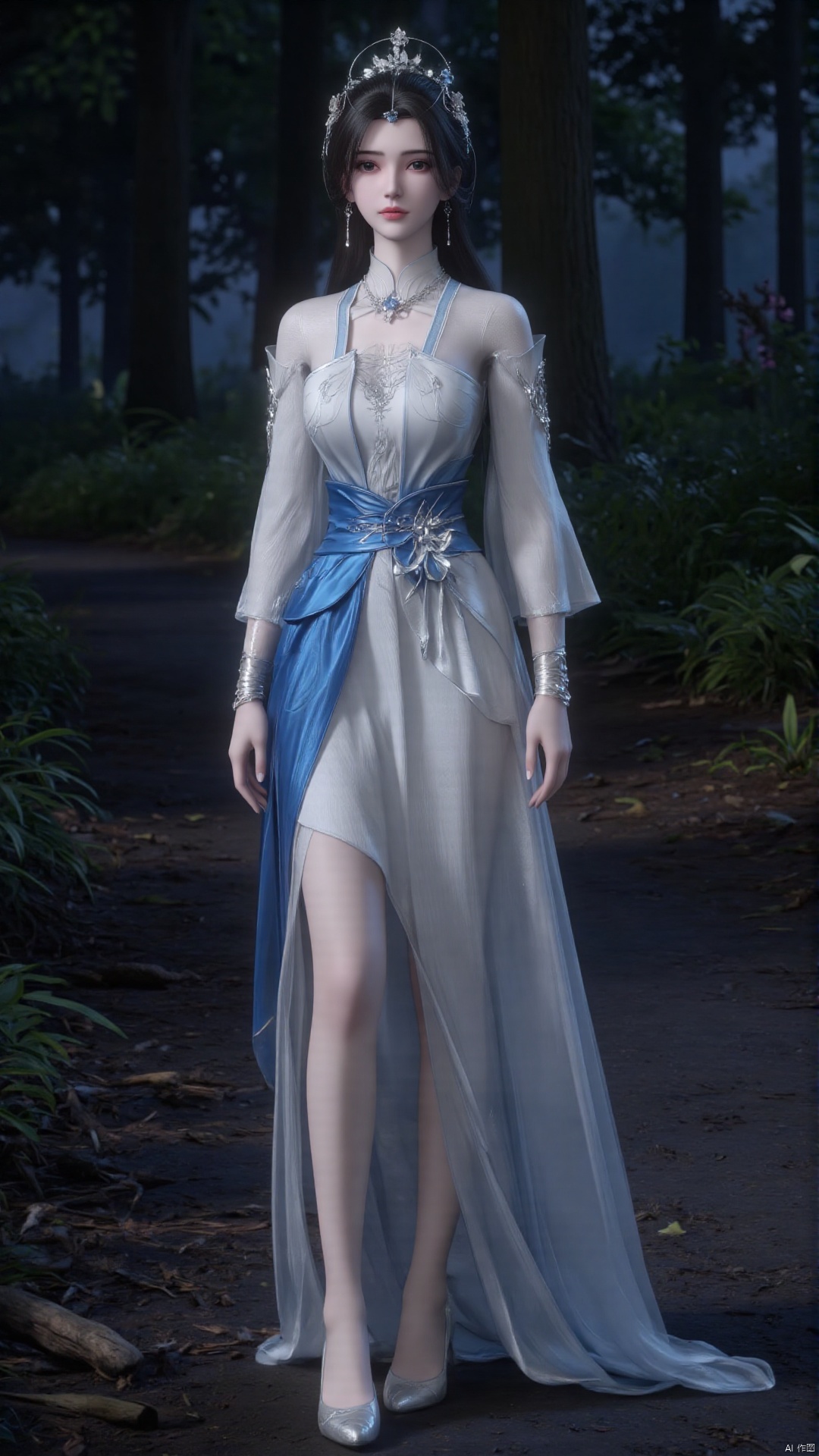 limuwan, of a young woman standing in a forest at night. The image is a highly detailed digital artwork, featuring a realistic, ethereal style. The subject is a slender, fair-skinned woman with delicate features, dressed in a flowing, semi-transparent gown. Her attire is primarily white, with intricate, silver embellishments on the shoulders and waist, and a striking blue sash accentuating her midsection. The gown has a high neckline and long sleeves, with a delicate, sheer fabric overlay that drapes elegantly around her body. Her hair is dark, styled in an elegant updo adorned with a silver tiara, adding a touch of regality. She wears light-colored, flat shoes that complement her ensemble. The forest background is dimly lit, with tall trees and dense foliage creating a mystical, serene atmosphere. The ground is covered in dry leaves and twigs, adding to the natural, forest setting. The overall mood of the artwork is enchanting and otherworldly, with a focus on the subject's ethereal beauty and the magical, forest setting.