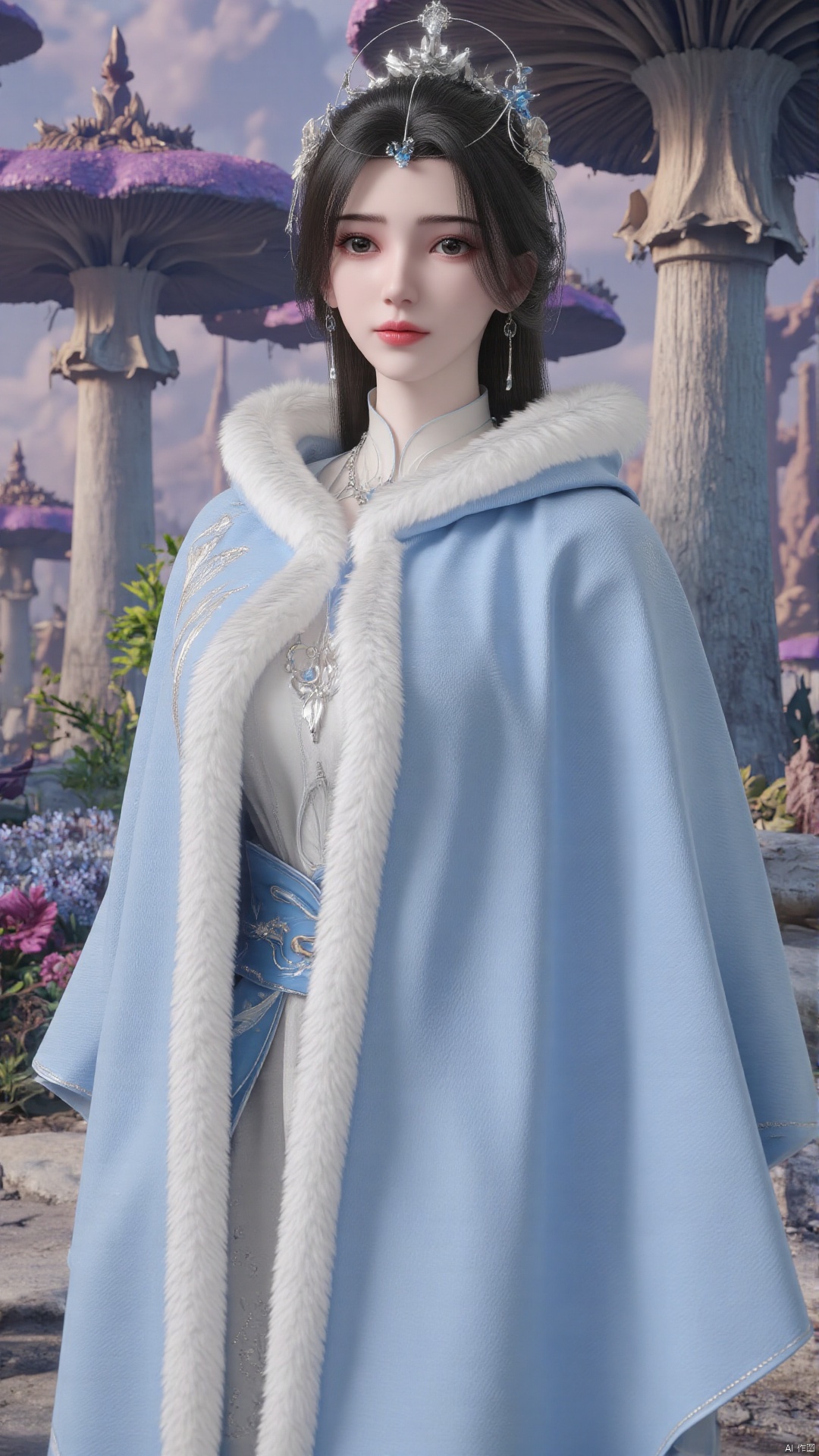 limuwan, of a woman in an otherworldly setting. This is a highly detailed CGI (computer-generated imagery) rendering featuring a serene, ethereal woman with fair skin and delicate features. She has long, dark, wavy hair adorned with a delicate, silver floral crown, adding a mystical touch. Her expression is calm and composed, with large, expressive eyes and a slight, pinkish hue to her lips.
She wears a light blue, high-collared cloak with a luxurious, white fur trim, exuding a sense of elegance and nobility. Underneath, her attire is a subtle grey garment with intricate, silver embroidery. A silver chain and pendant hang from her neck, complementing her refined appearance. The background is a fantastical, alien landscape, characterized by towering, purple and blue mushroom-like structures with intricate, spiky textures. The scene is bathed in a soft, natural light that enhances the ethereal quality of the environment. 
The overall composition blends elements of fantasy and nature, creating a surreal and enchanting visual experience. The CGI technique is highly realistic, with intricate details in both the subject's attire and the fantastical background, showcasing the artist's meticulous attention to detail.