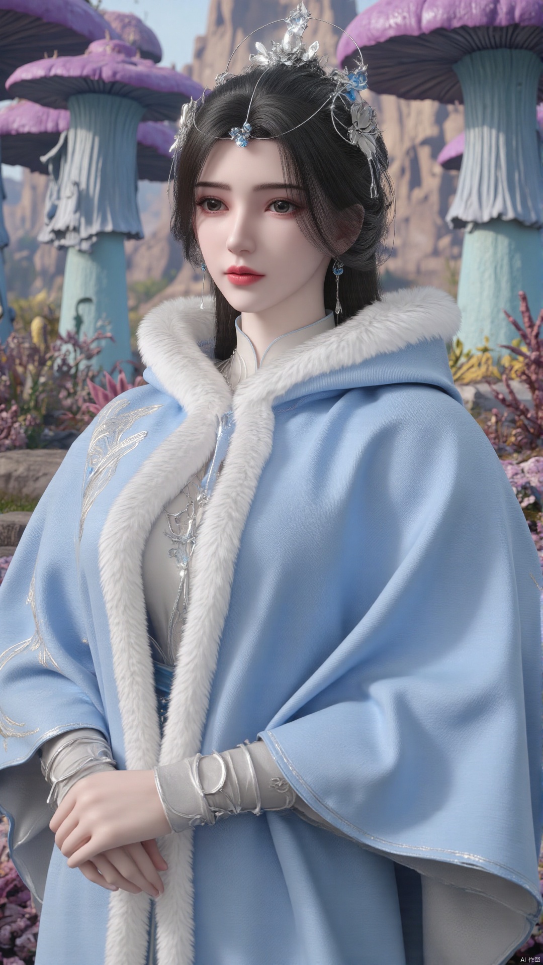 limuwan, of a woman in an otherworldly setting. This is a highly detailed CGI (computer-generated imagery) rendering featuring a serene, ethereal woman with fair skin and delicate features. She has long, dark, wavy hair adorned with a delicate, silver floral crown, adding a mystical touch. Her expression is calm and composed, with large, expressive eyes and a slight, pinkish hue to her lips.
She wears a light blue, high-collared cloak with a luxurious, white fur trim, exuding a sense of elegance and nobility. Underneath, her attire is a subtle grey garment with intricate, silver embroidery. A silver chain and pendant hang from her neck, complementing her refined appearance. The background is a fantastical, alien landscape, characterized by towering, purple and blue mushroom-like structures with intricate, spiky textures. The scene is bathed in a soft, natural light that enhances the ethereal quality of the environment. 
The overall composition blends elements of fantasy and nature, creating a surreal and enchanting visual experience. The CGI technique is highly realistic, with intricate details in both the subject's attire and the fantastical background, showcasing the artist's meticulous attention to detail.