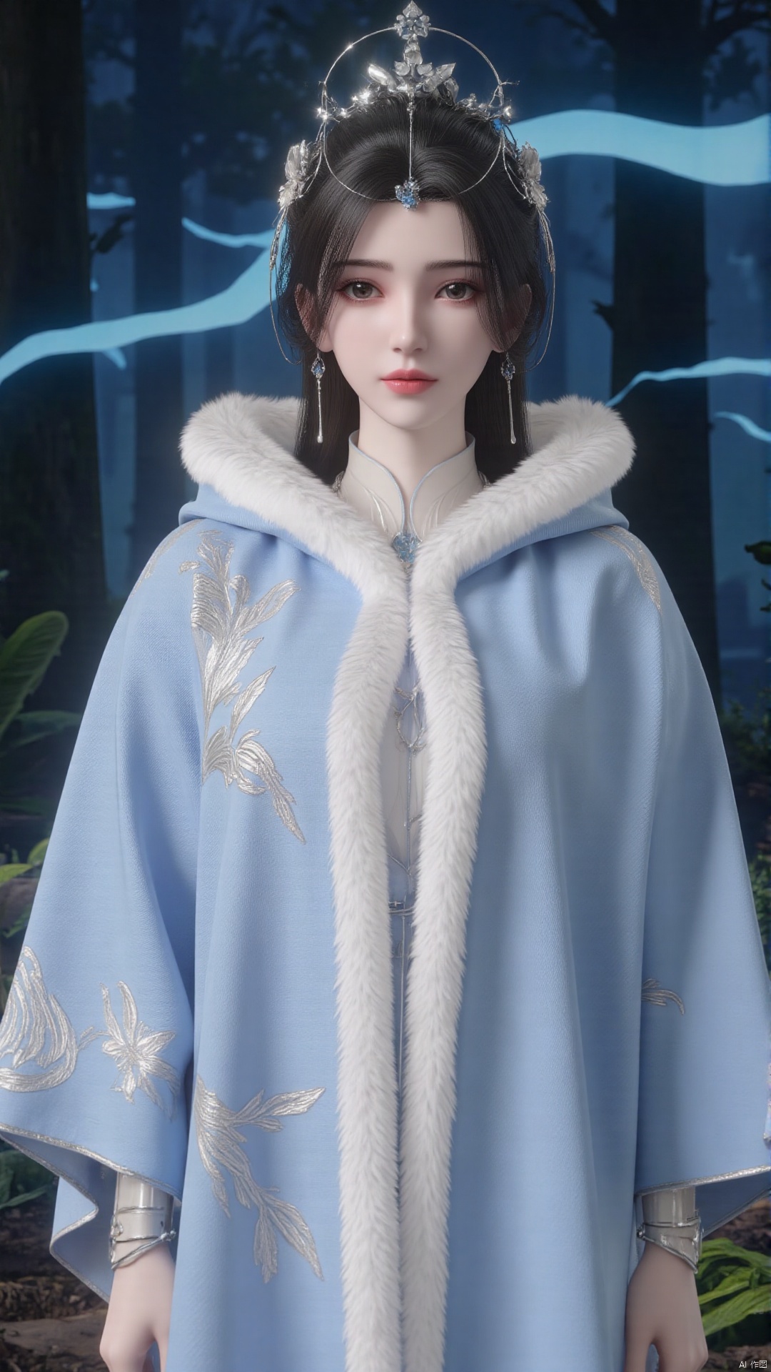 limuwan, of a young Asian woman with a serene expression. The image is a highly detailed CGI rendering, showcasing a delicate and elegant scene. The subject is a woman with fair skin, large, expressive brown eyes, and a refined facial structure. Her long, dark hair is styled in an intricate updo adorned with delicate, silver floral hairpins and a small, silver crown. She wears a traditional, high-collared robe with intricate, embroidered patterns in a light blue color, complemented by a fluffy white fur trim. The robe's texture appears luxurious and soft, with a subtle sheen. The background features a dark, mystical forest with ethereal, blue light emanating from the trees, creating an otherworldly atmosphere. The lighting is soft and diffused, highlighting the subject's delicate features and the intricate details of her attire. The overall composition is harmonious, blending the serene beauty of the subject with the mystical ambiance of the forest, creating a surreal and enchanting visual experience.