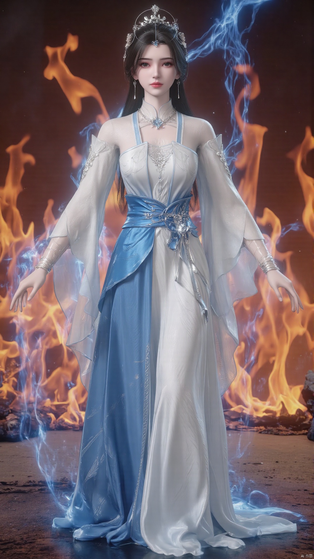 limuwan, . This is a highly detailed digital illustration featuring a female character standing against a vivid, ethereal background of swirling flames and blue mist. The character has long, dark hair adorned with a delicate, golden tiara, and her skin is fair, with a subtle blush on her cheeks. She wears a flowing, white gown with intricate, blue embroidery and a sash that transitions from a light blue at the top to a darker shade at the bottom. The gown is intricately designed, featuring long, flowing sleeves and a high collar that adds a regal touch. 
Her expression is calm yet slightly enigmatic, with her eyes focused forward. The character's posture is elegant, with her arms at her sides and hands slightly open. The background consists of a mix of orange and red flames, creating a dynamic and intense contrast with the cool, blue mist that seems to emanate from her. The flames are depicted with a realistic texture, while the mist appears translucent and ethereal, adding a magical quality to the scene. The overall composition is rich and vivid, with a blend of fantasy and realism, and the use of light and color creates a mesmerizing visual effect.