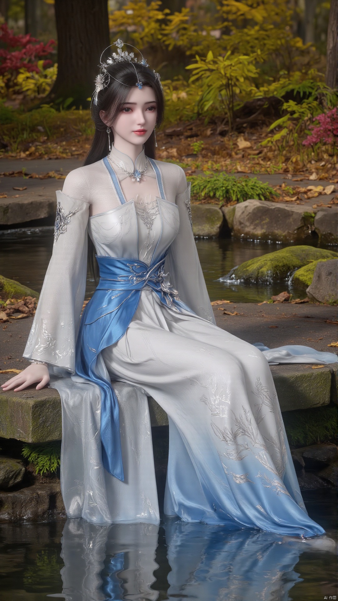 limuwan, of a serene, digitally rendered scene featuring a woman sitting by a stream. The woman is of East Asian descent, with fair skin and delicate features, and is dressed in a traditional Chinese qipao, a form-fitting, long-sleeved gown. Her attire is predominantly white, with intricate blue and silver embroidery adorning the bodice and sleeves, creating a sense of elegance and refinement. The qipao flows gracefully, accentuating her slim figure, and is adorned with a delicate floral pattern. Her long, dark hair is styled in a traditional updo, crowned with a small, ornate headdress, adding a touch of regality to her appearance. She is seated on a rocky bank, with a serene expression, gazing into the distance. The background showcases a lush forest with vibrant green foliage and a few scattered red leaves, suggesting autumn. The stream she sits beside is clear, with gentle ripples, and the rocky bank is covered in moss and lichen, adding to the natural beauty of the scene. The overall atmosphere is tranquil and peaceful, with a sense of harmony between nature and human presence.