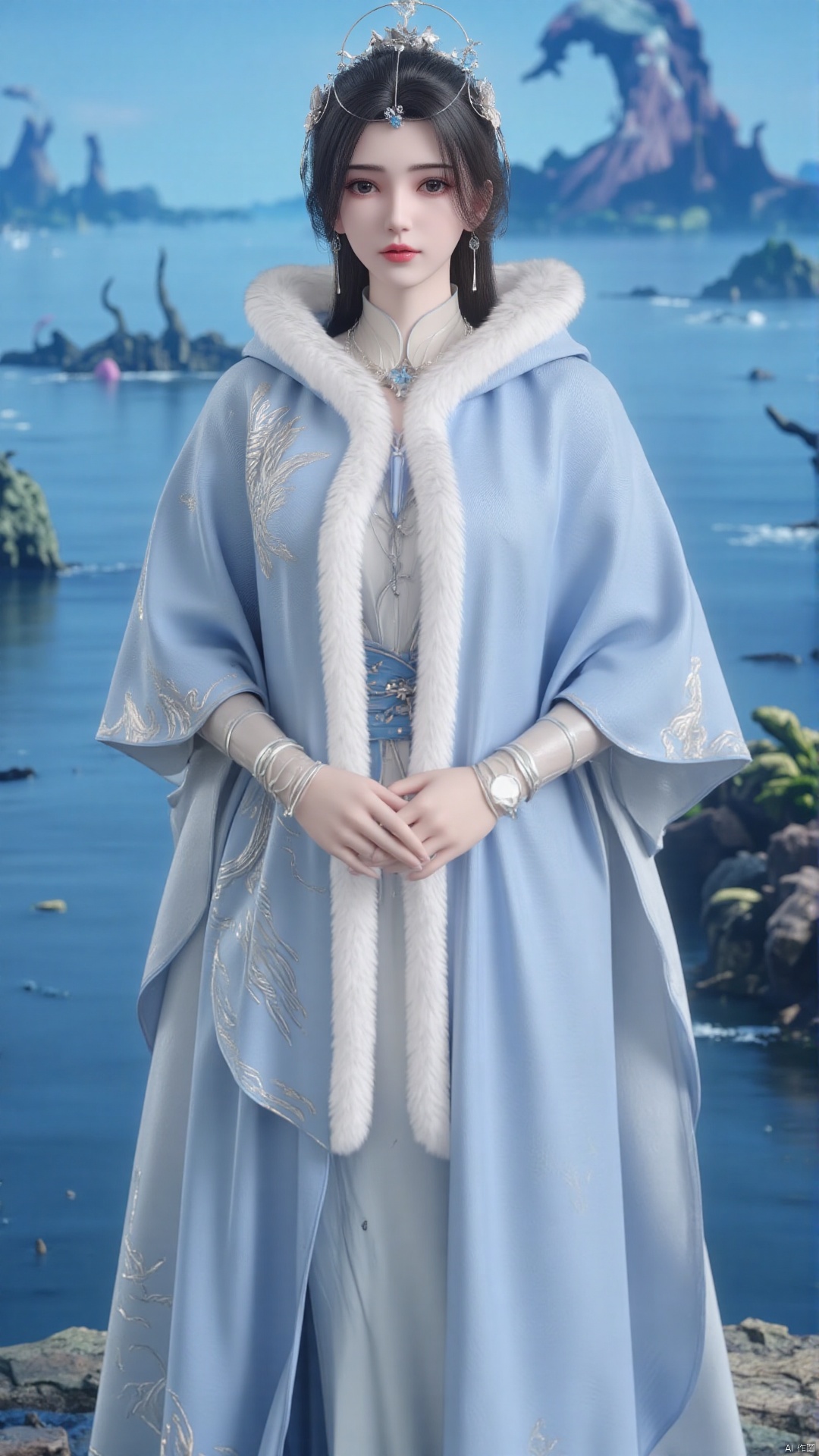 limuwan, , which is a highly detailed CGI rendering of a woman in traditional Chinese attire. The woman stands in the center, facing the camera. She has fair skin and dark brown, slightly wavy hair styled in a loose, flowing manner, adorned with a delicate silver tiara. Her facial features are delicate, with a subtle makeup accentuating her eyes and lips. She wears a long, flowing robe in a light blue hue, with intricate white and silver embroidery and a fur-trimmed collar. The robe has a fitted bodice and a flowing skirt, creating a graceful silhouette. Her sleeves are long and fitted, with a similar fur-trimmed cuff. The fabric appears to be made of a smooth, shiny material, possibly silk or a similar fabric, reflecting light and giving it a luxurious appearance. The background is a softly blurred, blue-hued landscape, with a hint of abstract, stylized elements, such as a blue wave or a stylized mountain, suggesting a serene, ethereal setting. The overall mood is one of elegance and tranquility, with a strong emphasis on traditional Chinese aesthetics.