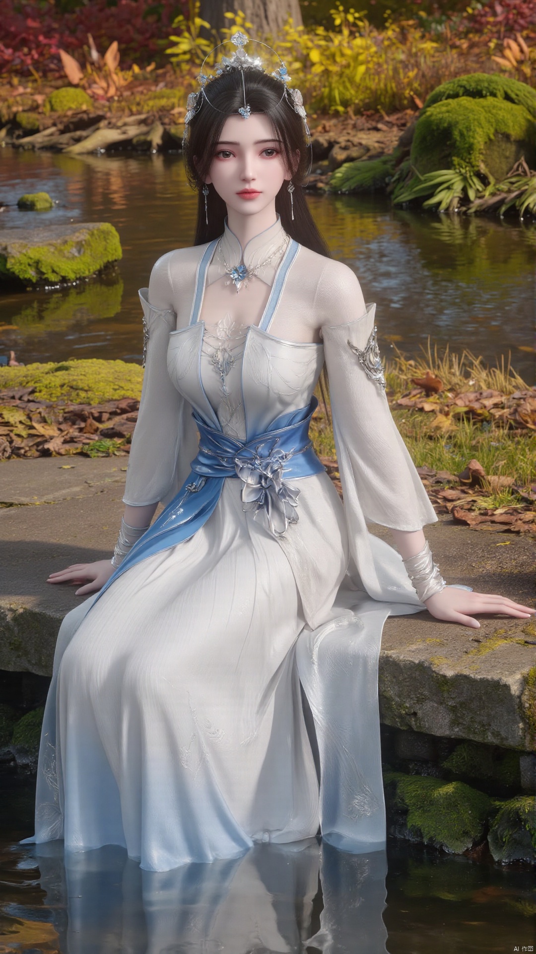 limuwan, of a serene, digitally rendered scene featuring a woman sitting by a stream. The woman is of East Asian descent, with fair skin and delicate features, and is dressed in a traditional Chinese qipao, a form-fitting, long-sleeved gown. Her attire is predominantly white, with intricate blue and silver embroidery adorning the bodice and sleeves, creating a sense of elegance and refinement. The qipao flows gracefully, accentuating her slim figure, and is adorned with a delicate floral pattern. Her long, dark hair is styled in a traditional updo, crowned with a small, ornate headdress, adding a touch of regality to her appearance. She is seated on a rocky bank, with a serene expression, gazing into the distance. The background showcases a lush forest with vibrant green foliage and a few scattered red leaves, suggesting autumn. The stream she sits beside is clear, with gentle ripples, and the rocky bank is covered in moss and lichen, adding to the natural beauty of the scene. The overall atmosphere is tranquil and peaceful, with a sense of harmony between nature and human presence.