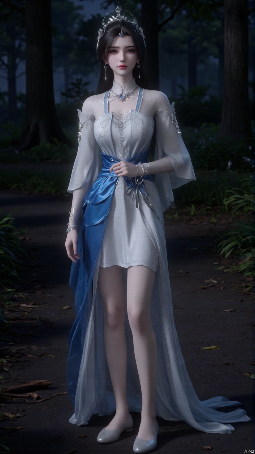 limuwan, of a young woman standing in a forest at night. The image is a highly detailed digital artwork, featuring a realistic, ethereal style. The subject is a slender, fair-skinned woman with delicate features, dressed in a flowing, semi-transparent gown. Her attire is primarily white, with intricate, silver embellishments on the shoulders and waist, and a striking blue sash accentuating her midsection. The gown has a high neckline and long sleeves, with a delicate, sheer fabric overlay that drapes elegantly around her body. Her hair is dark, styled in an elegant updo adorned with a silver tiara, adding a touch of regality. She wears light-colored, flat shoes that complement her ensemble. The forest background is dimly lit, with tall trees and dense foliage creating a mystical, serene atmosphere. The ground is covered in dry leaves and twigs, adding to the natural, forest setting. The overall mood of the artwork is enchanting and otherworldly, with a focus on the subject's ethereal beauty and the magical, forest setting.