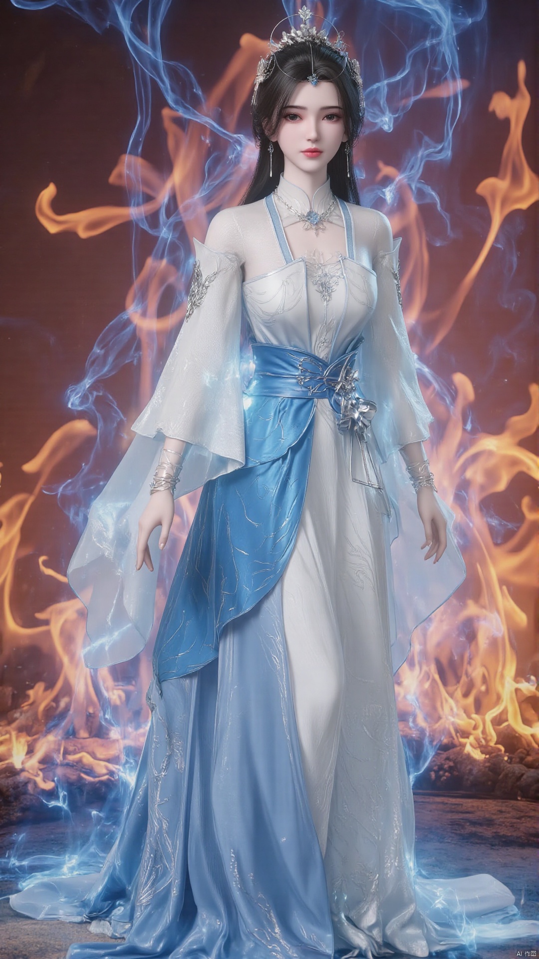 limuwan, . This is a highly detailed digital illustration featuring a female character standing against a vivid, ethereal background of swirling flames and blue mist. The character has long, dark hair adorned with a delicate, golden tiara, and her skin is fair, with a subtle blush on her cheeks. She wears a flowing, white gown with intricate, blue embroidery and a sash that transitions from a light blue at the top to a darker shade at the bottom. The gown is intricately designed, featuring long, flowing sleeves and a high collar that adds a regal touch. 
Her expression is calm yet slightly enigmatic, with her eyes focused forward. The character's posture is elegant, with her arms at her sides and hands slightly open. The background consists of a mix of orange and red flames, creating a dynamic and intense contrast with the cool, blue mist that seems to emanate from her. The flames are depicted with a realistic texture, while the mist appears translucent and ethereal, adding a magical quality to the scene. The overall composition is rich and vivid, with a blend of fantasy and realism, and the use of light and color creates a mesmerizing visual effect.