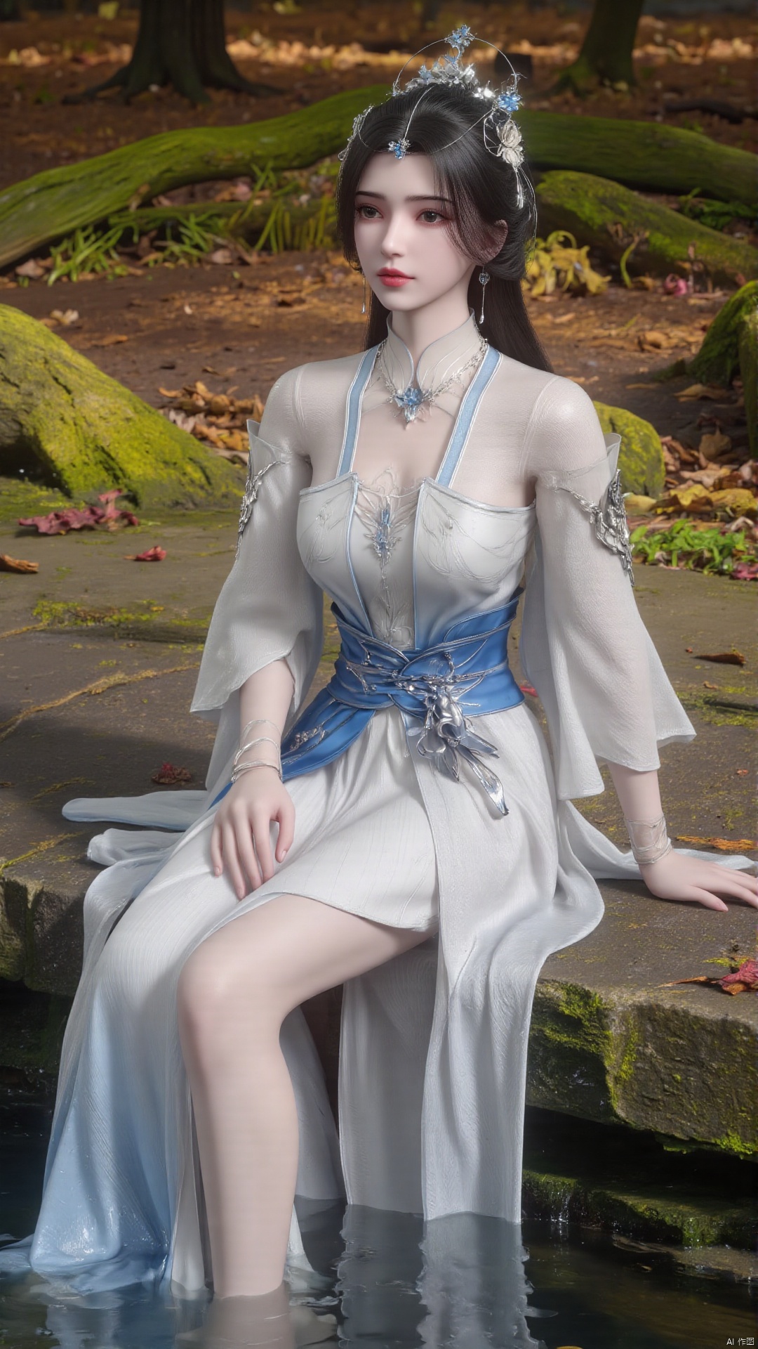 limuwan, of a serene, digitally rendered scene featuring a woman sitting by a stream. The woman is of East Asian descent, with fair skin and delicate features, and is dressed in a traditional Chinese qipao, a form-fitting, long-sleeved gown. Her attire is predominantly white, with intricate blue and silver embroidery adorning the bodice and sleeves, creating a sense of elegance and refinement. The qipao flows gracefully, accentuating her slim figure, and is adorned with a delicate floral pattern. Her long, dark hair is styled in a traditional updo, crowned with a small, ornate headdress, adding a touch of regality to her appearance. She is seated on a rocky bank, with a serene expression, gazing into the distance. The background showcases a lush forest with vibrant green foliage and a few scattered red leaves, suggesting autumn. The stream she sits beside is clear, with gentle ripples, and the rocky bank is covered in moss and lichen, adding to the natural beauty of the scene. The overall atmosphere is tranquil and peaceful, with a sense of harmony between nature and human presence.