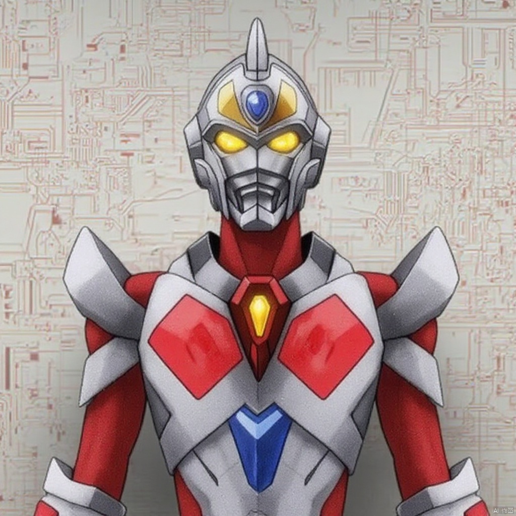 ultraman,bodysuit,gloves,legwear,boots,cover,mask,plugsuit,armor,bodysuit,pattern on body,tight-fitting,helmet,leather suit,latex,tokusatsu,no humans,science fiction,hard mask,no smile,no eyes,no nose,solo,rubber bodysuit with line,alien,Gridman