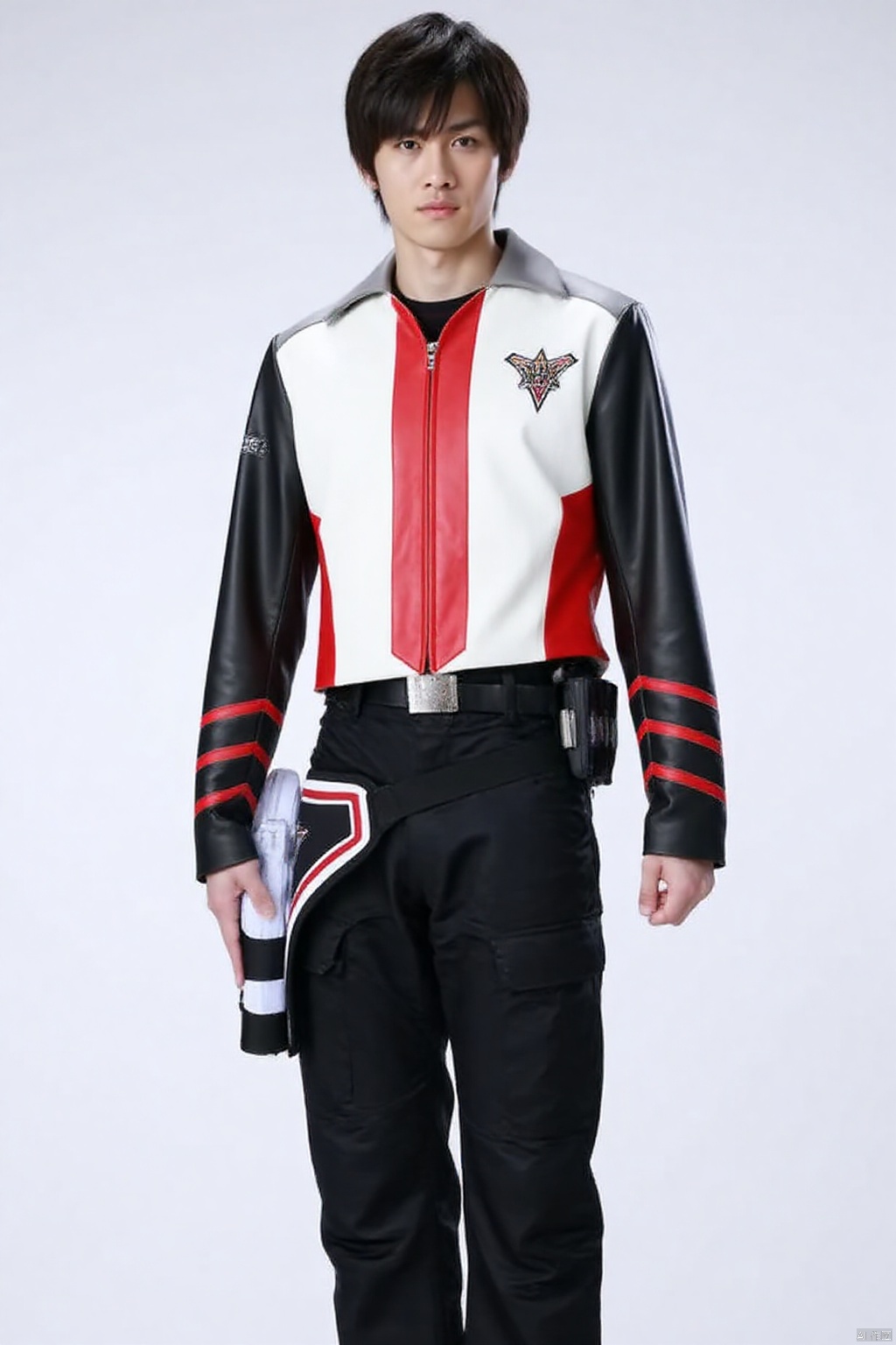 guts-s,black pants,white jacket,collar,belt,logo,uniform,jacket,gloves,boots,emblem,pants,white gloves,black footwear,white jacket with red line and black sleeves