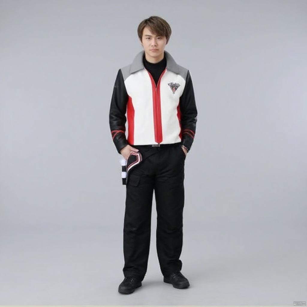 guts-s,black pants,white jacket,collar,belt,logo,uniform,jacket,gloves,boots,emblem,pants,white gloves,black footwear,white jacket with red line and black sleeves