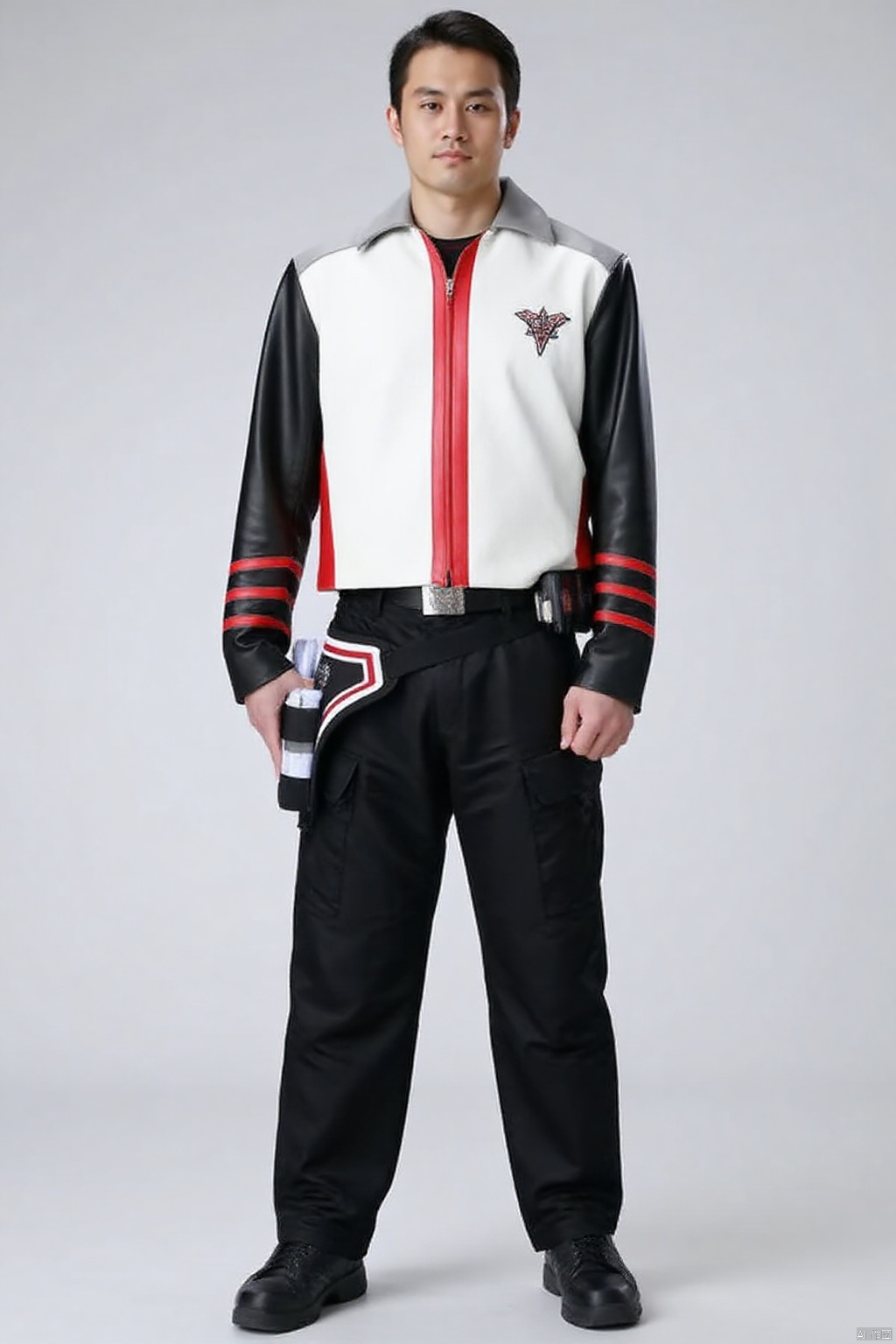 guts-s,black pants,white jacket,collar,belt,logo,uniform,jacket,gloves,boots,emblem,pants,white gloves,black footwear,white jacket with red line and black sleeves