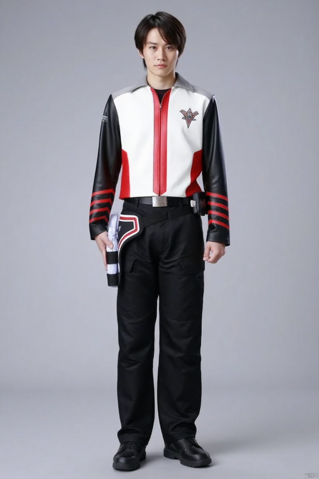 guts-s,black pants,white jacket,collar,belt,logo,uniform,jacket,gloves,boots,emblem,pants,white gloves,black footwear,white jacket with red line and black sleeves