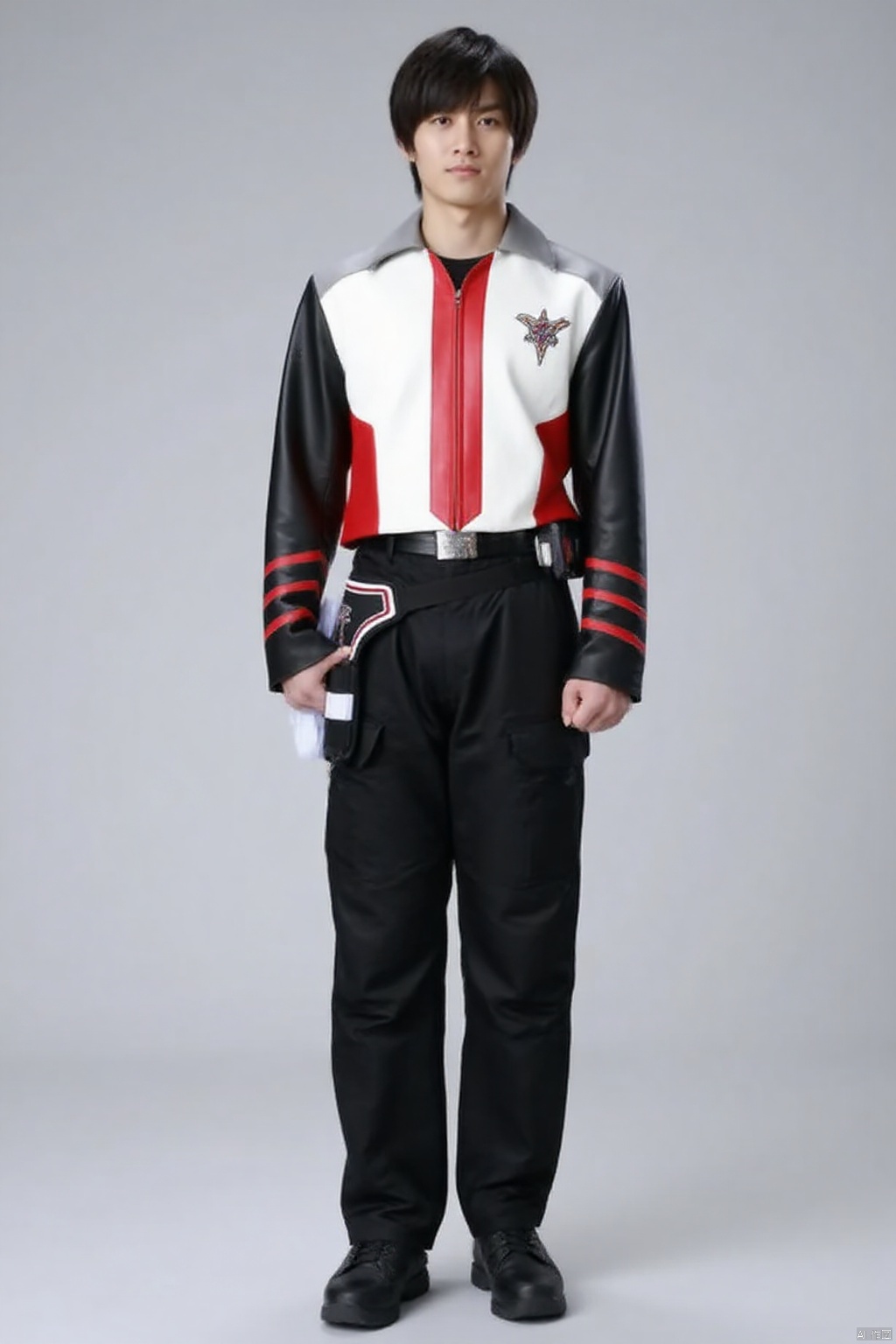 guts-s,black pants,white jacket,collar,belt,logo,uniform,jacket,gloves,boots,emblem,pants,white gloves,black footwear,white jacket with red line and black sleeves